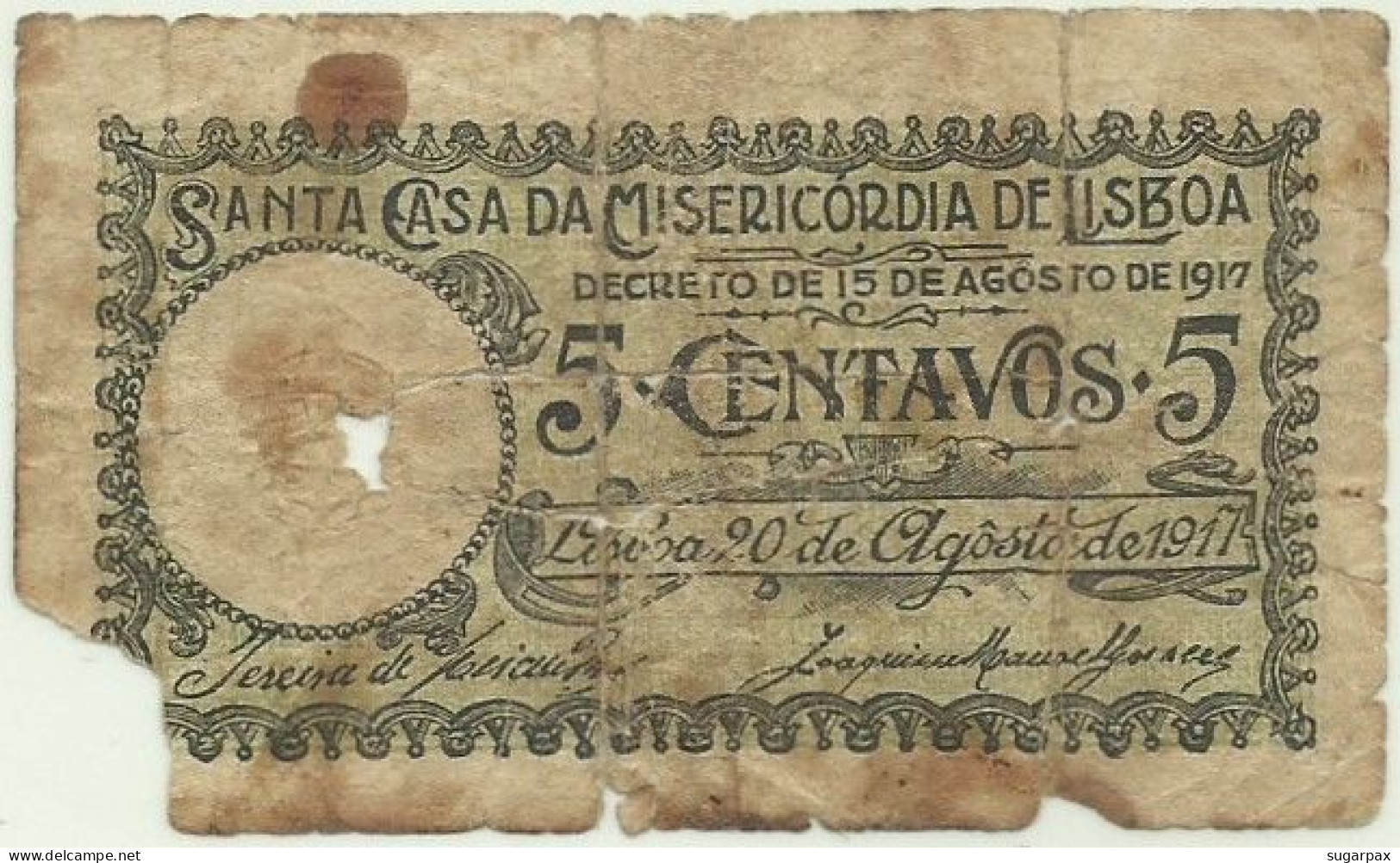 Santa Casa Da Misericórdia De Lisboa - 5 Centavos 20.08.1917 - SÉRIE DY - M. A. N.º 1 - Portugal Cédula Notgeld - Portugal