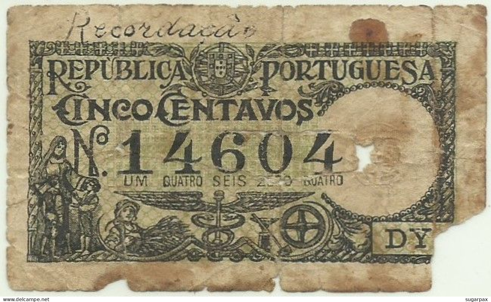 Santa Casa Da Misericórdia De Lisboa - 5 Centavos 20.08.1917 - SÉRIE DY - M. A. N.º 1 - Portugal Cédula Notgeld - Portugal