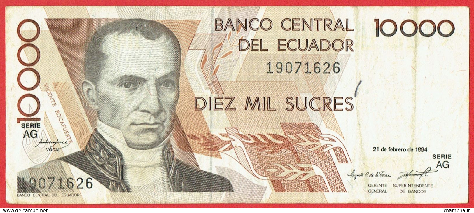 Equateur - Billet De 10000 Sucres - Vicente Rocafuerte - 21 Février 1994 - P127a - Equateur