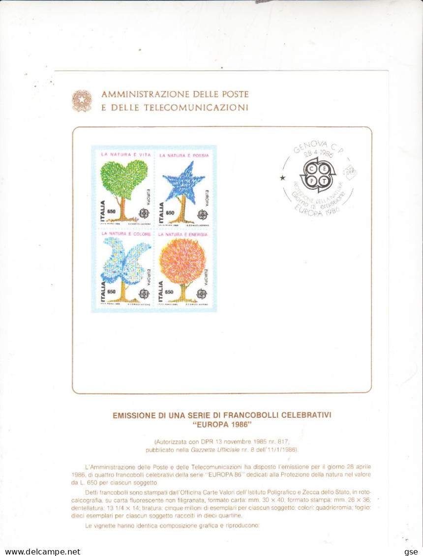 ITALIA  1986 - Folder  - "Europa 1986" - Protection De L'environnement & Climat