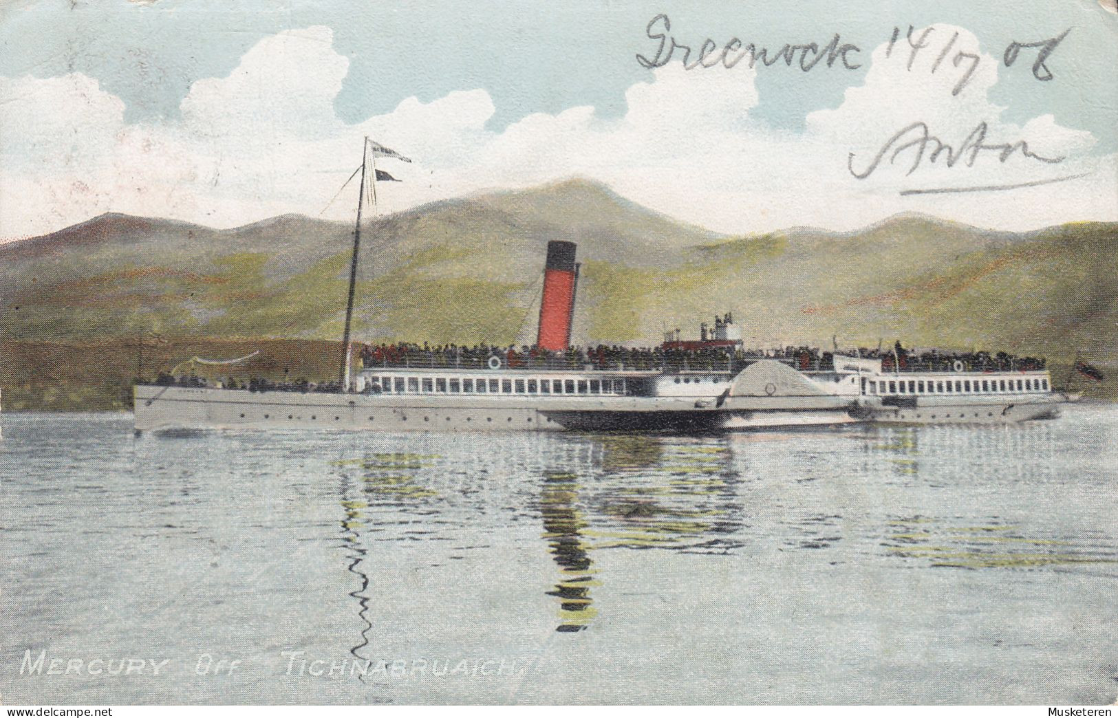 United Kingdom PPC Scotland Paddle Steamer 'Mercury' Off Tichnabruaich GREENOCK 1908 To Denmark (2 Scans) - Renfrewshire