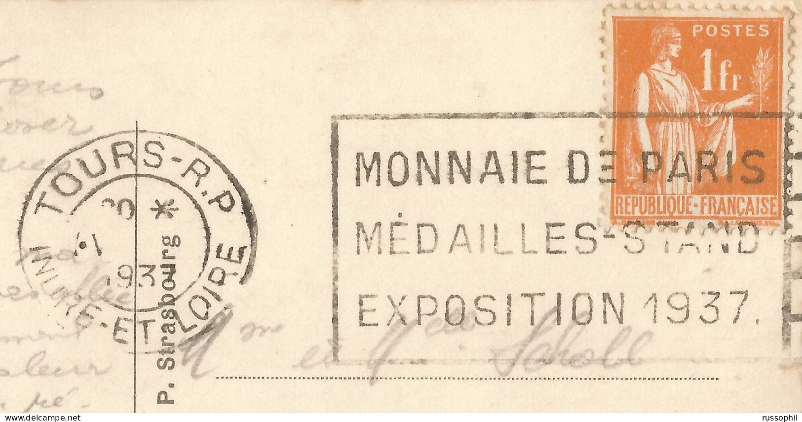 FRANCE - VARIETY &  CURIOSITY - SHIFTED DAY/ MONTH IN DATE BLOCK OF FLIER PMK  " TOURS R.P. /EXPOSITION 1937 " - 1937 - Lettres & Documents