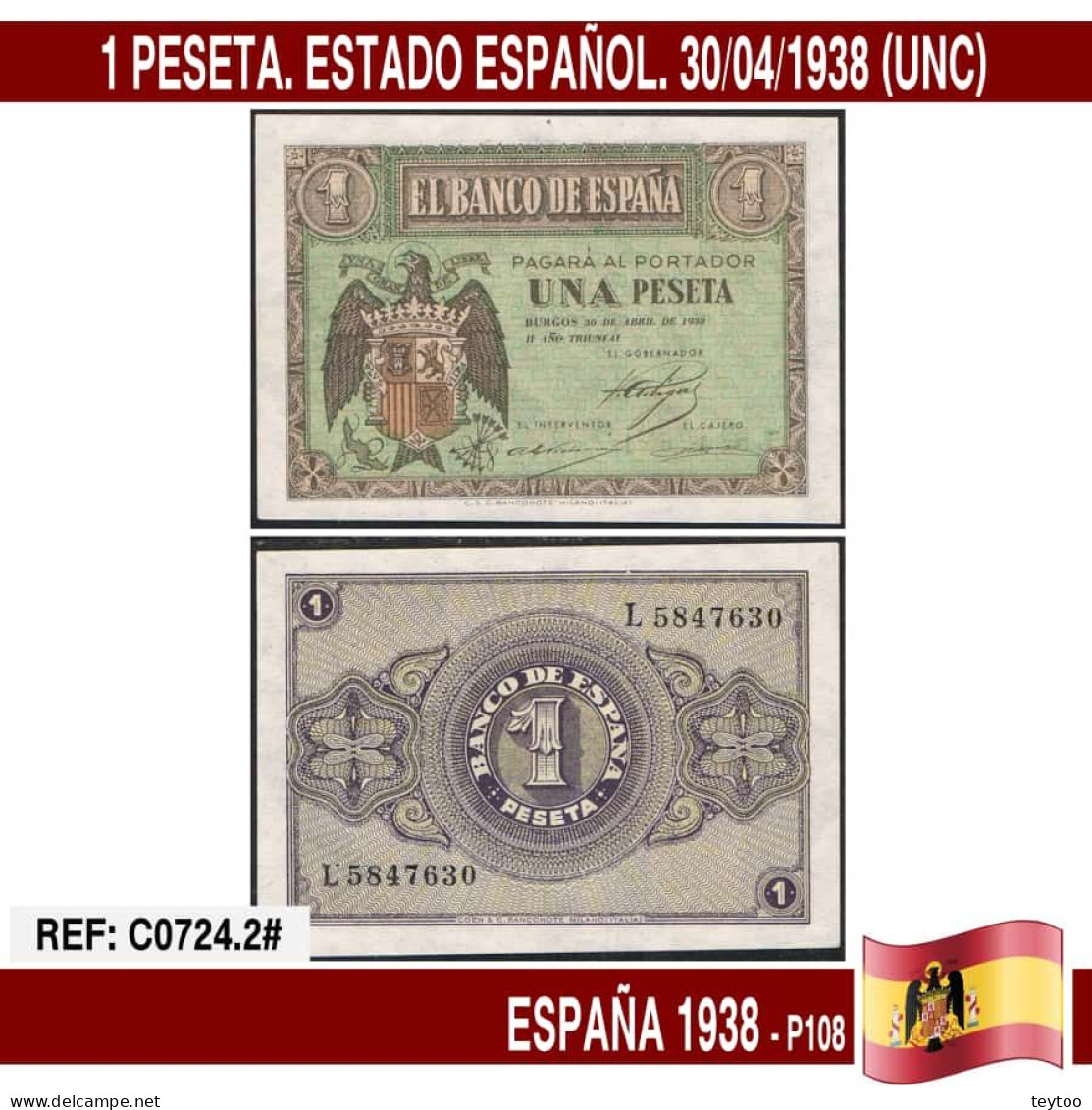 C0724.2# España 1938. 1 Pts. Estado Español (UNC) P108a - 1-2 Pesetas