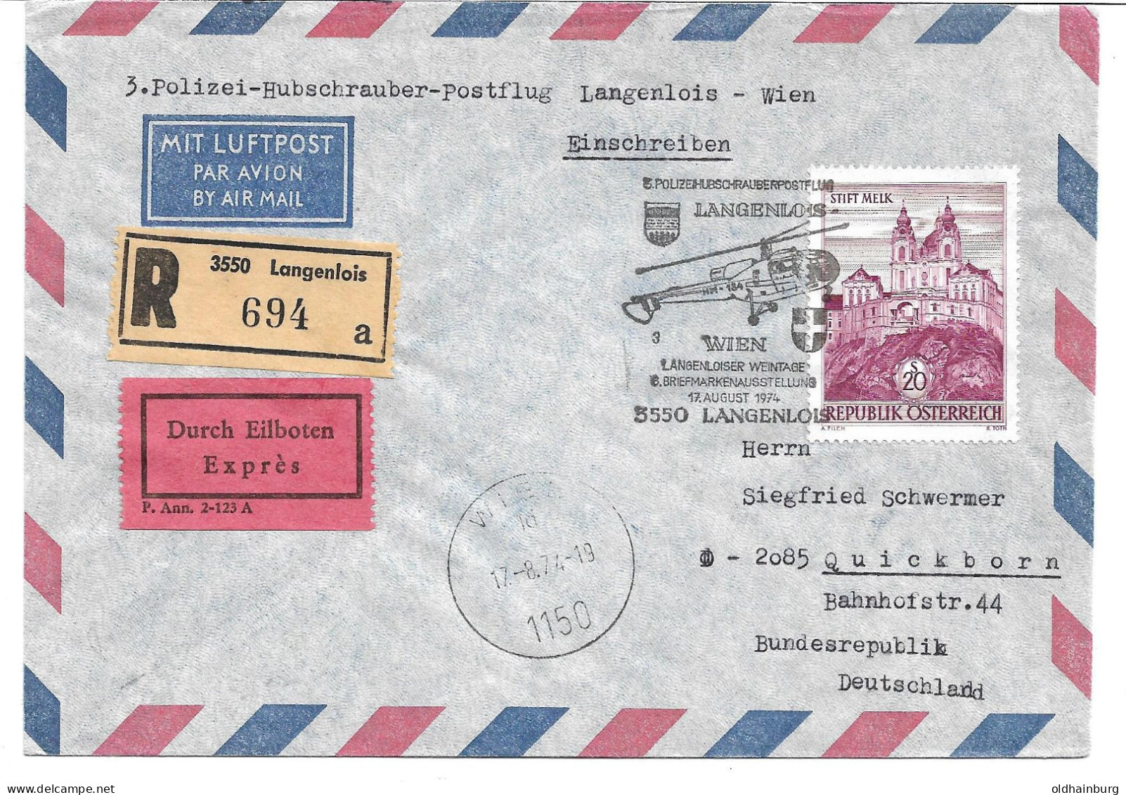 2368c: Heimatsammler Langenlois: Hubschrauber- Postflug  Von Langenlois Nach Wien, Reko- Eil 1974 Mit 20.- S Bauten - Langenlois