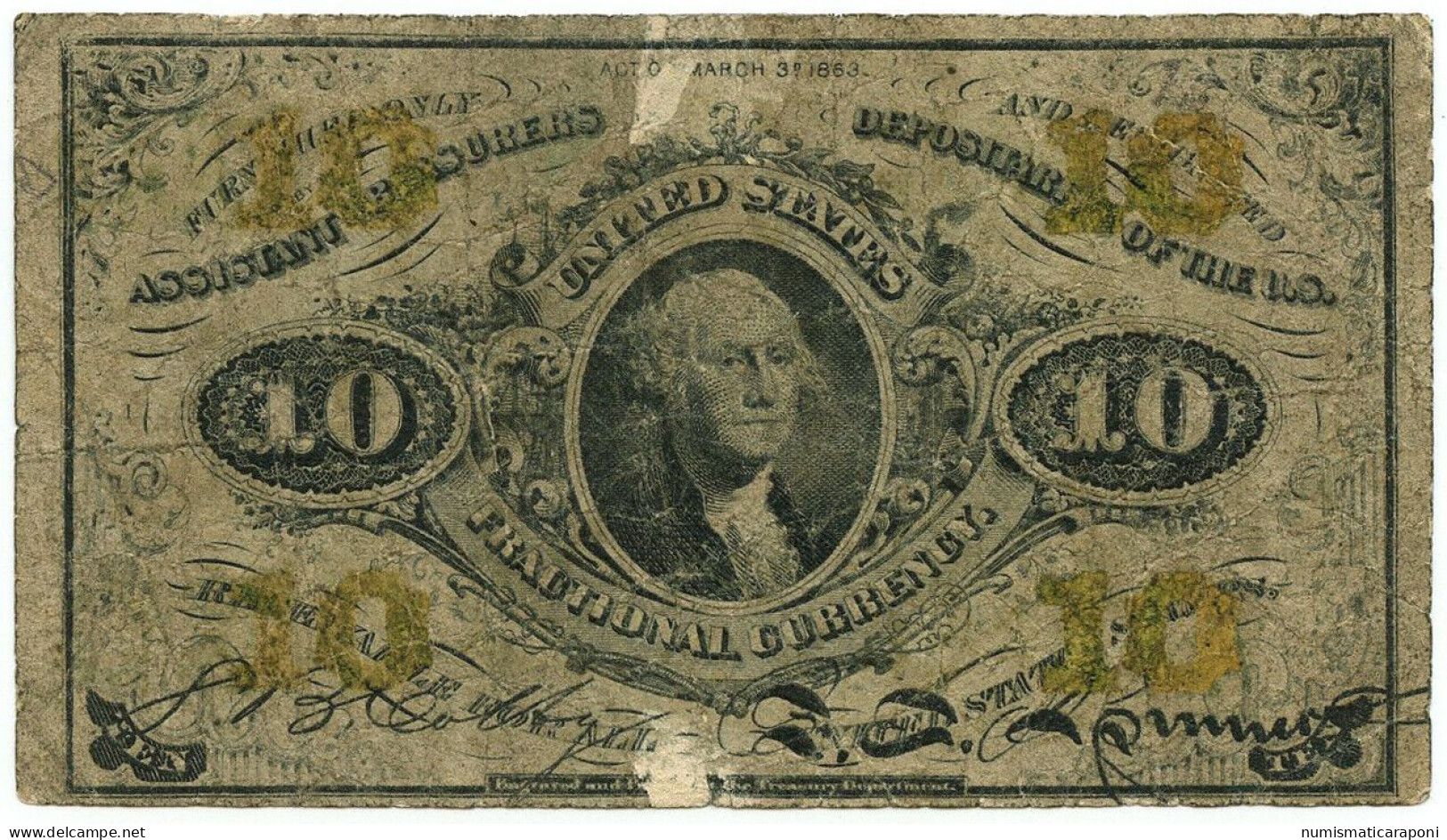 Usa U.s.a. Stati Uniti Fractional Currency 10 CENTESIMI WASHINGTON CIVIL WAR THIRD ISSUE 1863  LOTTO. 156 - Certificati D'Argento (1878-1923)