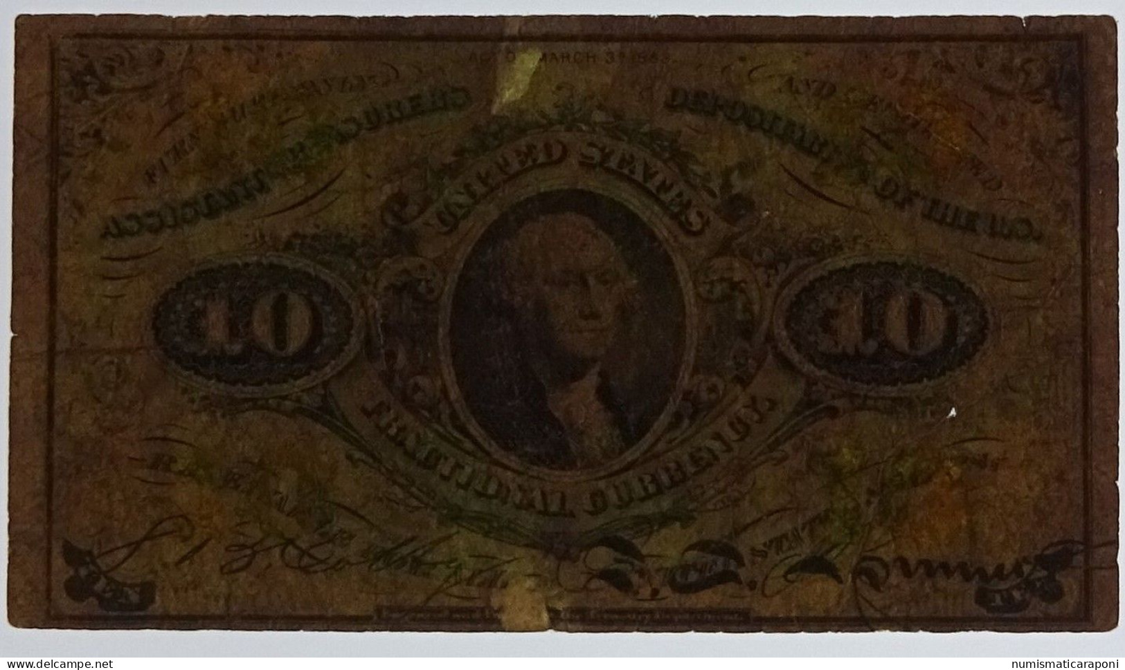 Usa U.s.a. Stati Uniti Fractional Currency 10 CENTESIMI WASHINGTON CIVIL WAR THIRD ISSUE 1863  LOTTO. 156 - Certificati D'Argento (1878-1923)