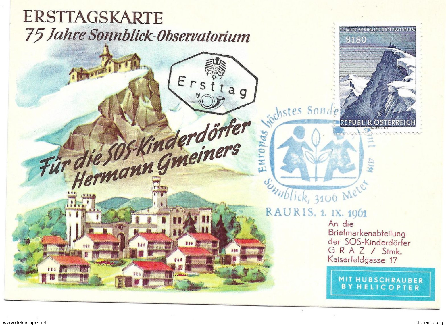 2368o: SOS- Kinderdorfbeleg 1961, Sonderstempel Sonnblick Rauris - Rauris