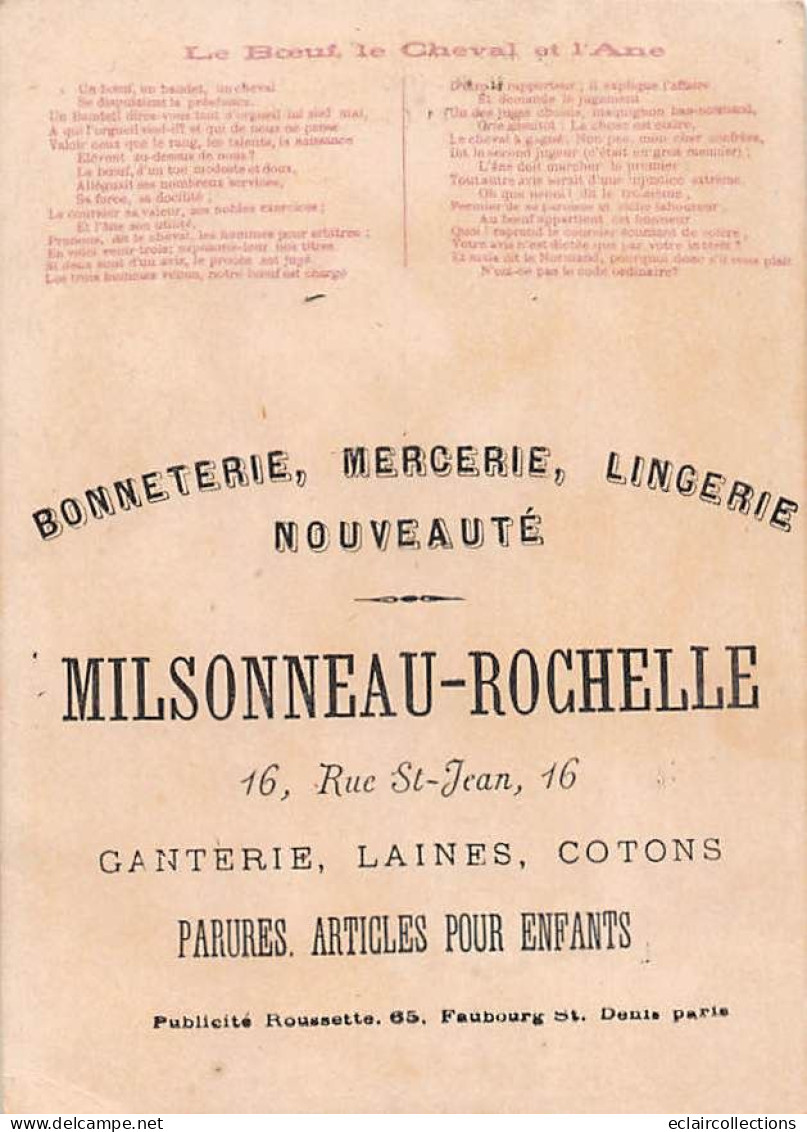 Image        49       Fable. Le Boeuf, Le Cheval Et L'Ane     Bonneterie Saumur 11x8    (voir Scan) - Other & Unclassified