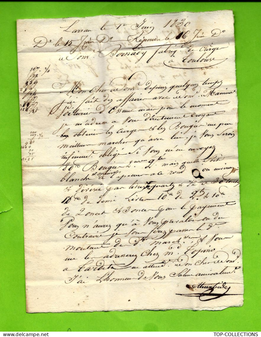 1830  LETTRE SIGN. ITHURDIBE à Larrau  Pyrénées Atlantiques Cachet Pau  Pour Bernardy Fabricant De Cierges Toulouse V.SC - 1800 – 1899