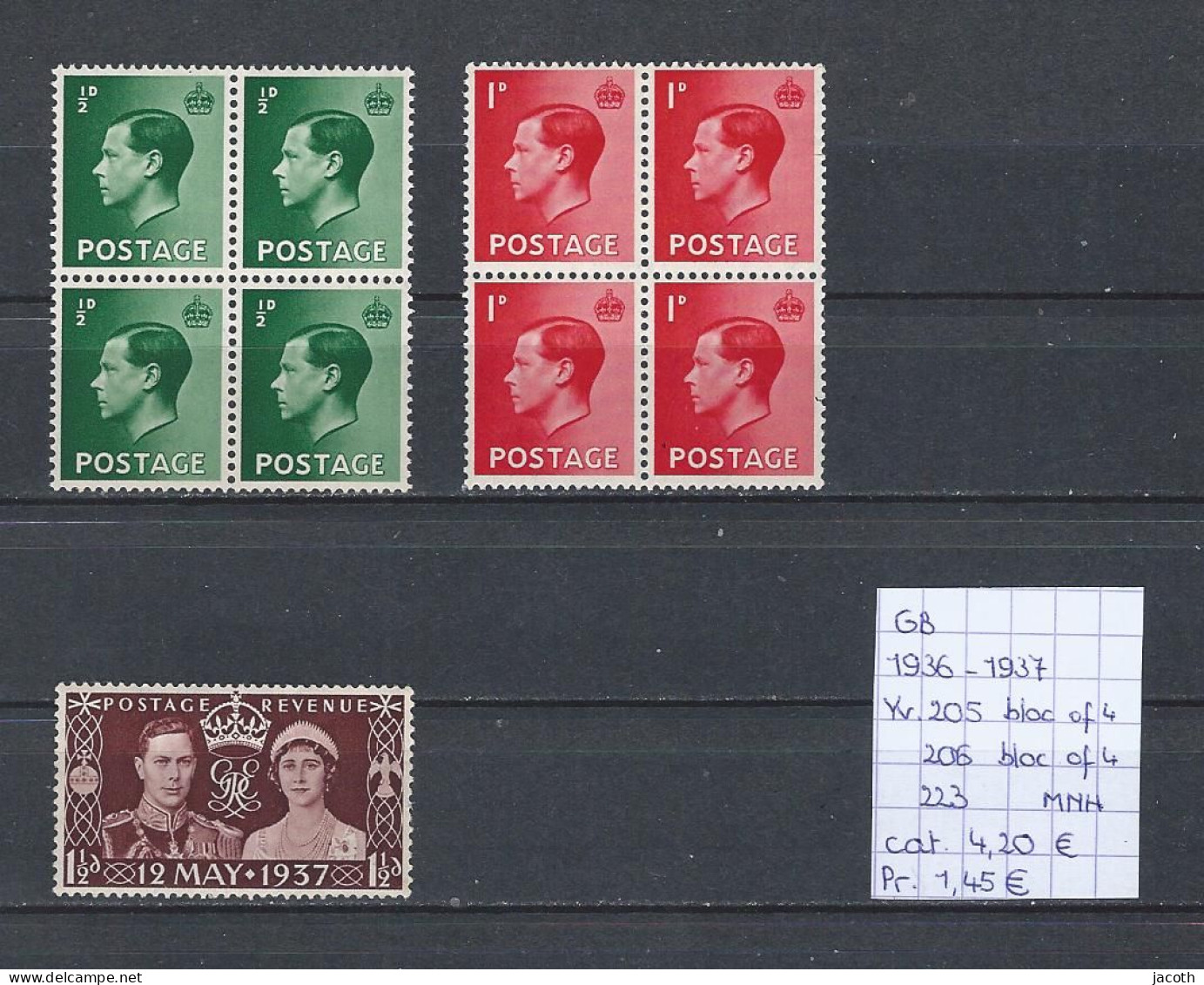 (TJ) GB 1936-'37 - YT 205 (bloc Of 4) + 206 (bloc Of 4) + 223 (postfris/neuf/MNH) - Neufs