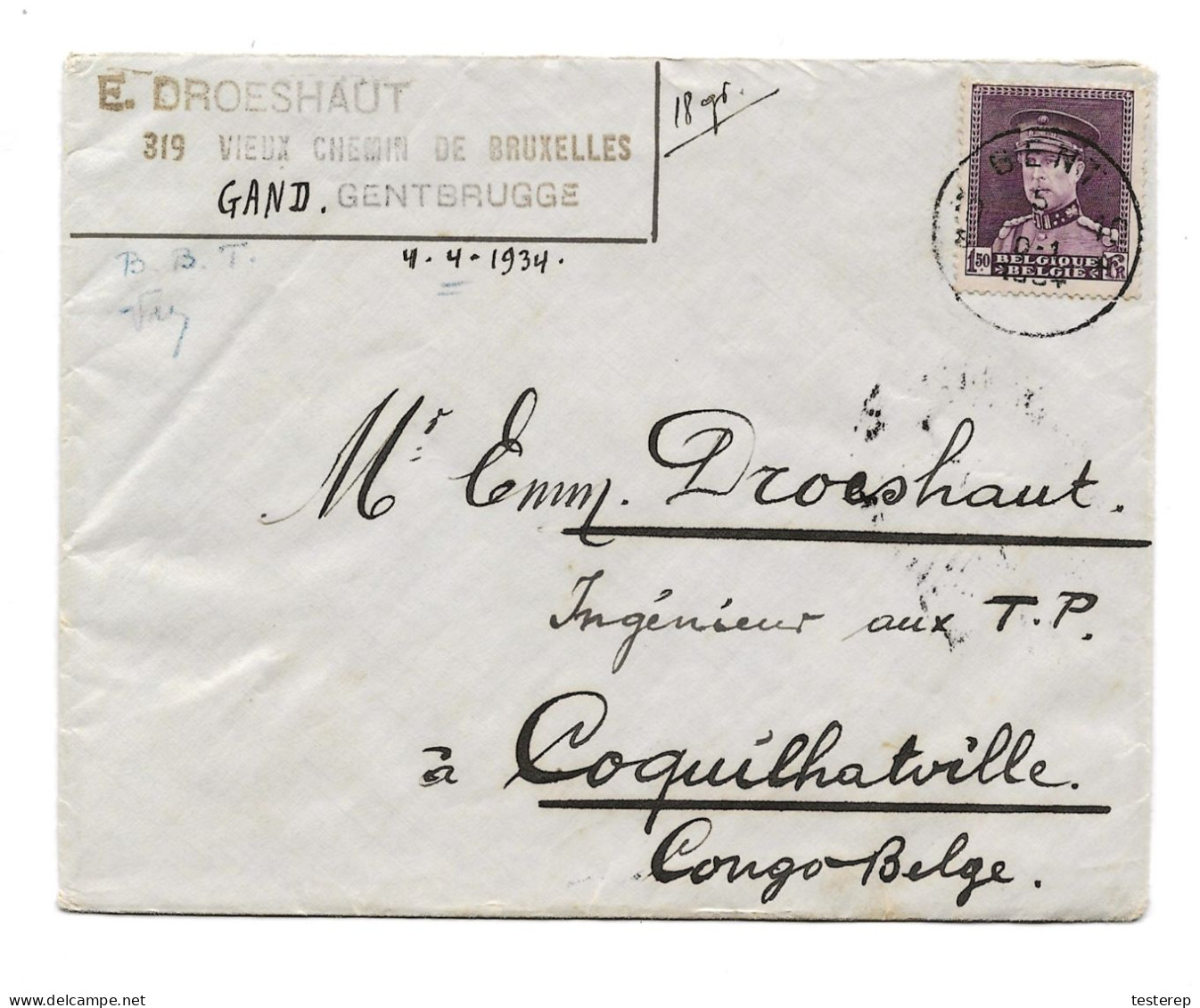 Kepie  N° 319  1,50 Fr Van  Gent 1934 Naat Congo Belge / Coquilhatville 3.5.1934 - 1931-1934 Quepis