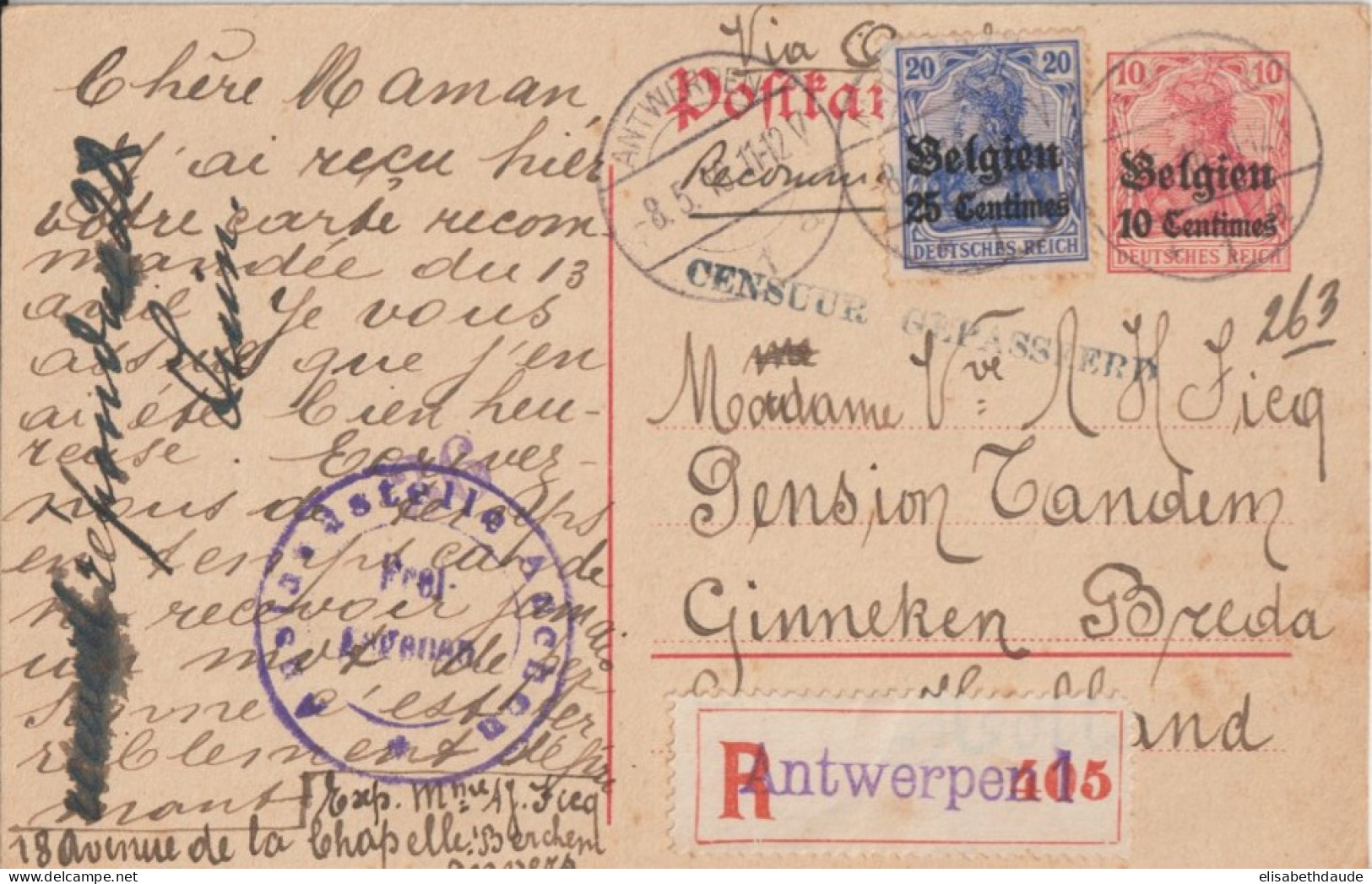 BELGIQUE - 1916 - CP ENTIER RECOMMANDEE !! Avec CENSURE AACHEN De ANTWERPEN => GINNEKEN BREDA (HOLLANDE) ! - OC1/25 Generalgouvernement 