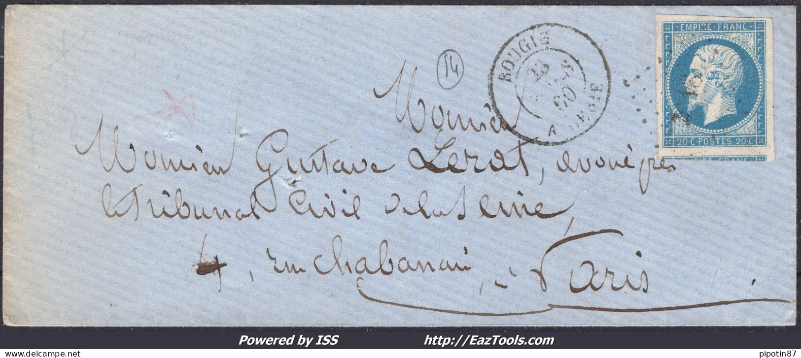 FRANCE N°14A SUR LETTRE AVEC PC 3718 BOUGIE ALGERIE + CAD DU 28/03/1860 - 1853-1860 Napoleon III