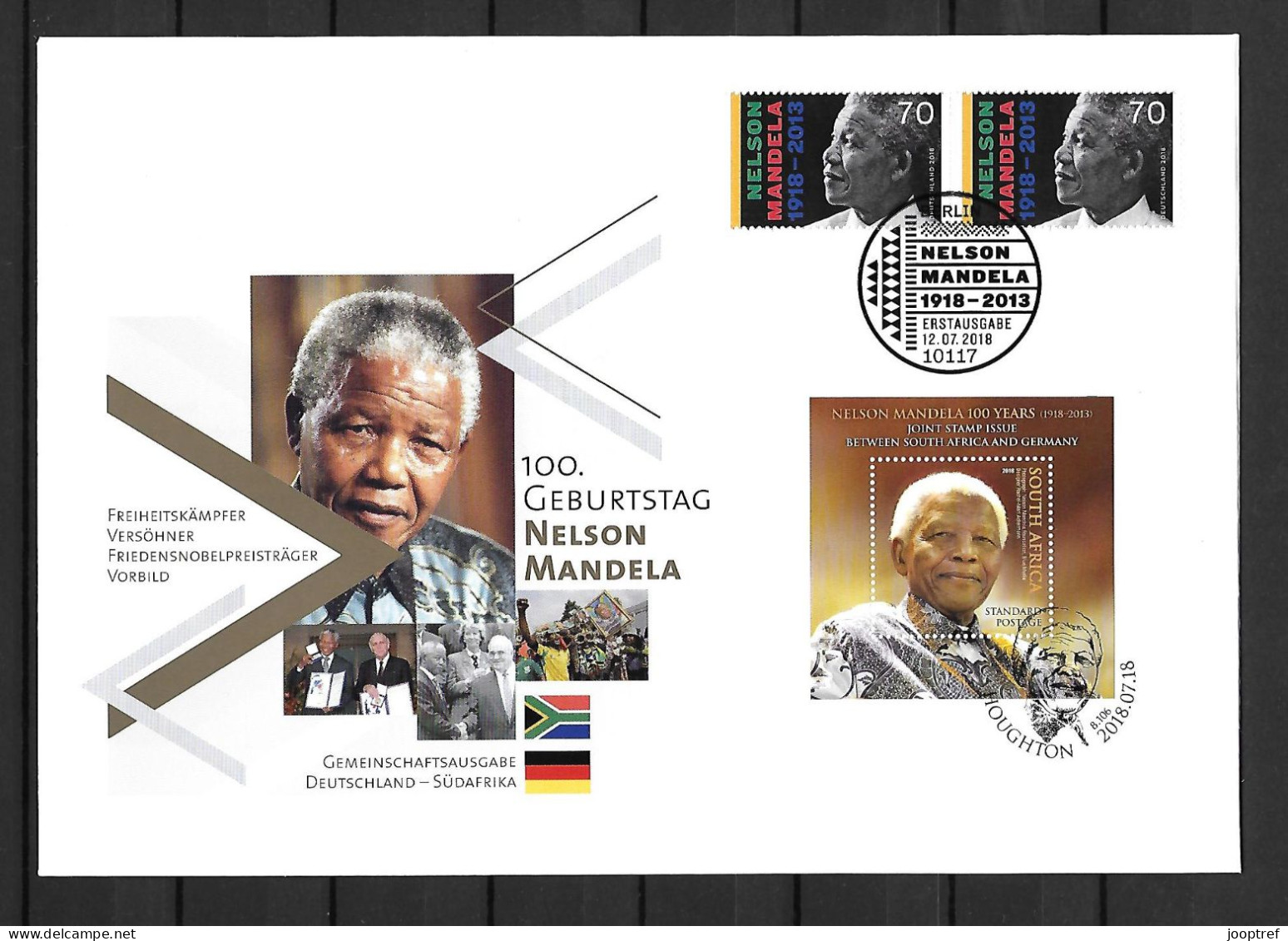 RARE 2018 Joint Germany-South Africa, OFFICIAL MIXED FDC WITH 2 STAMPS GERMANY + 1 BLOCK SOUTH AFRICA: Nelson Mandela - Joint Issues