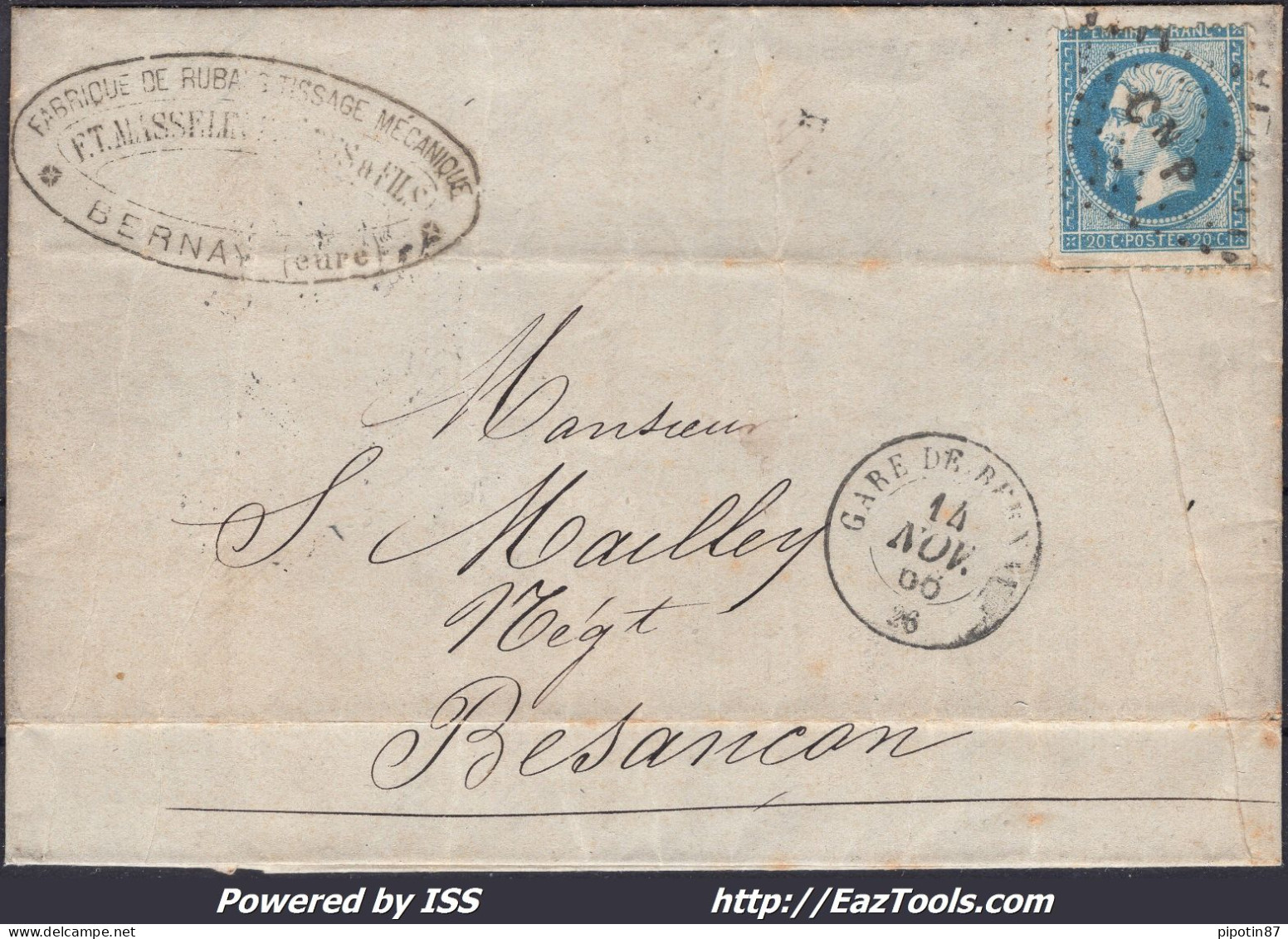 FRANCE N°22 SUR LETTRE AMBULANT CnP + CAD GARE DE BERNAY DU 14/11/1866 - 1862 Napoleone III