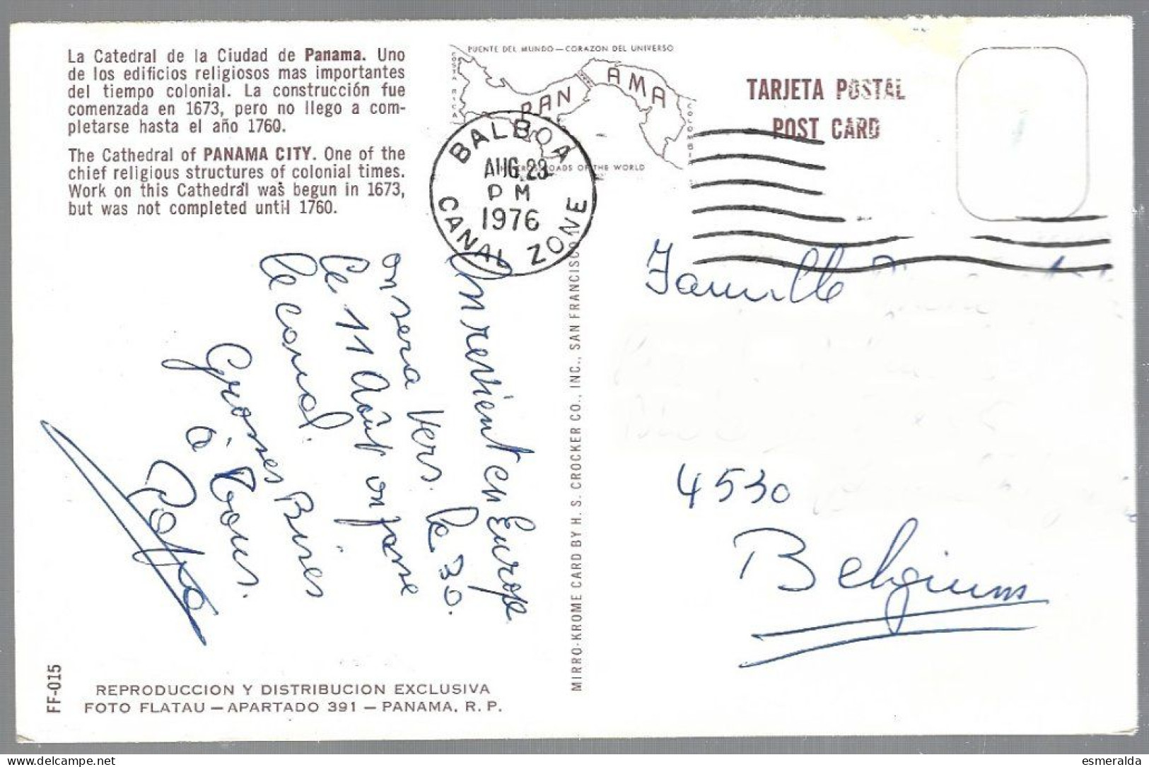 (PAN) CP FF-015-The Cathedral Of Panama City. Used: Balboa Canal Zone 1976 To Belgium,no Stamp - Panama