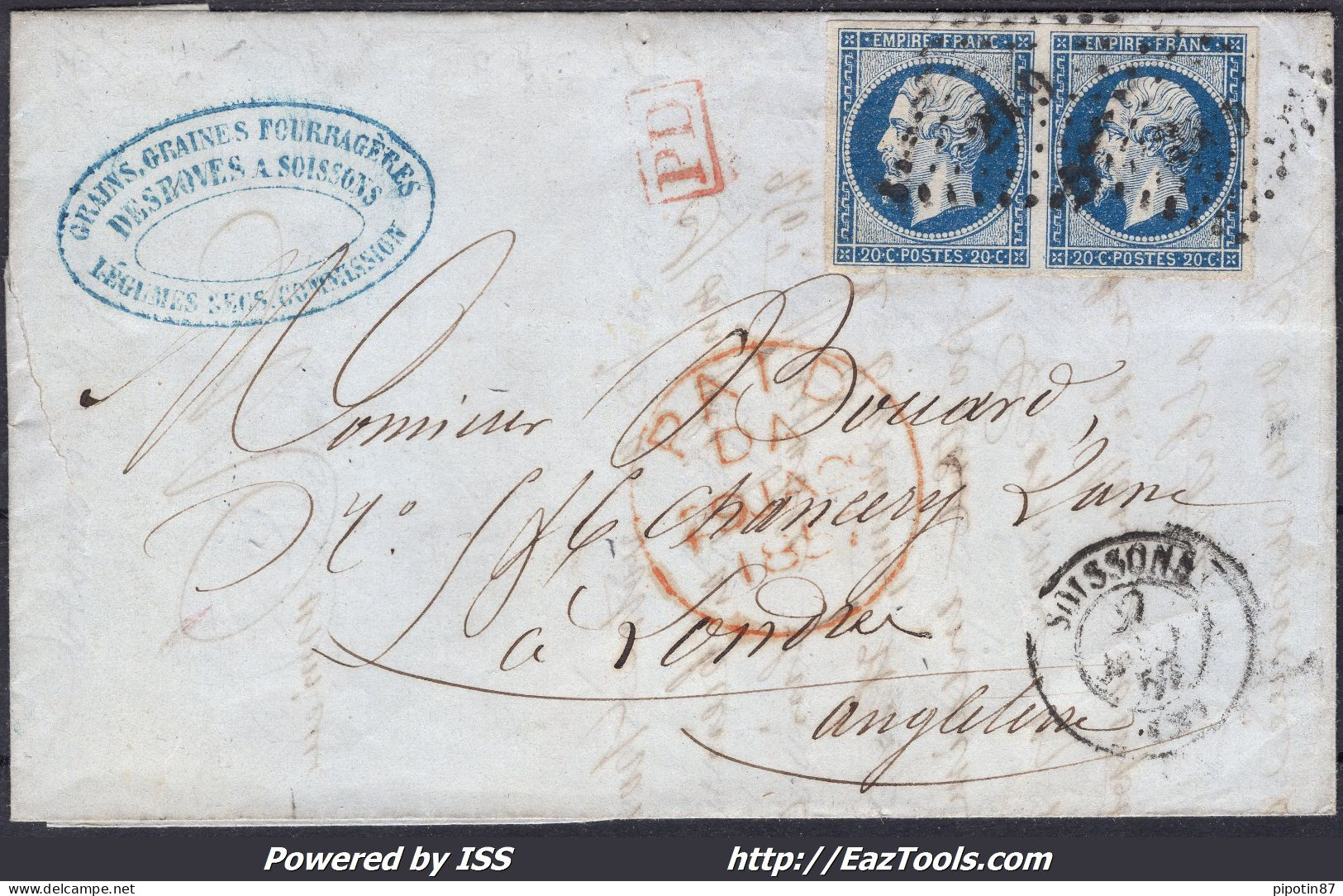 FRANCE PAIRE N°14A SUR LETTRE POUR LONDRES AVEC PC 2909 SOISSONS DU 27/01/1587 - 1853-1860 Napoléon III