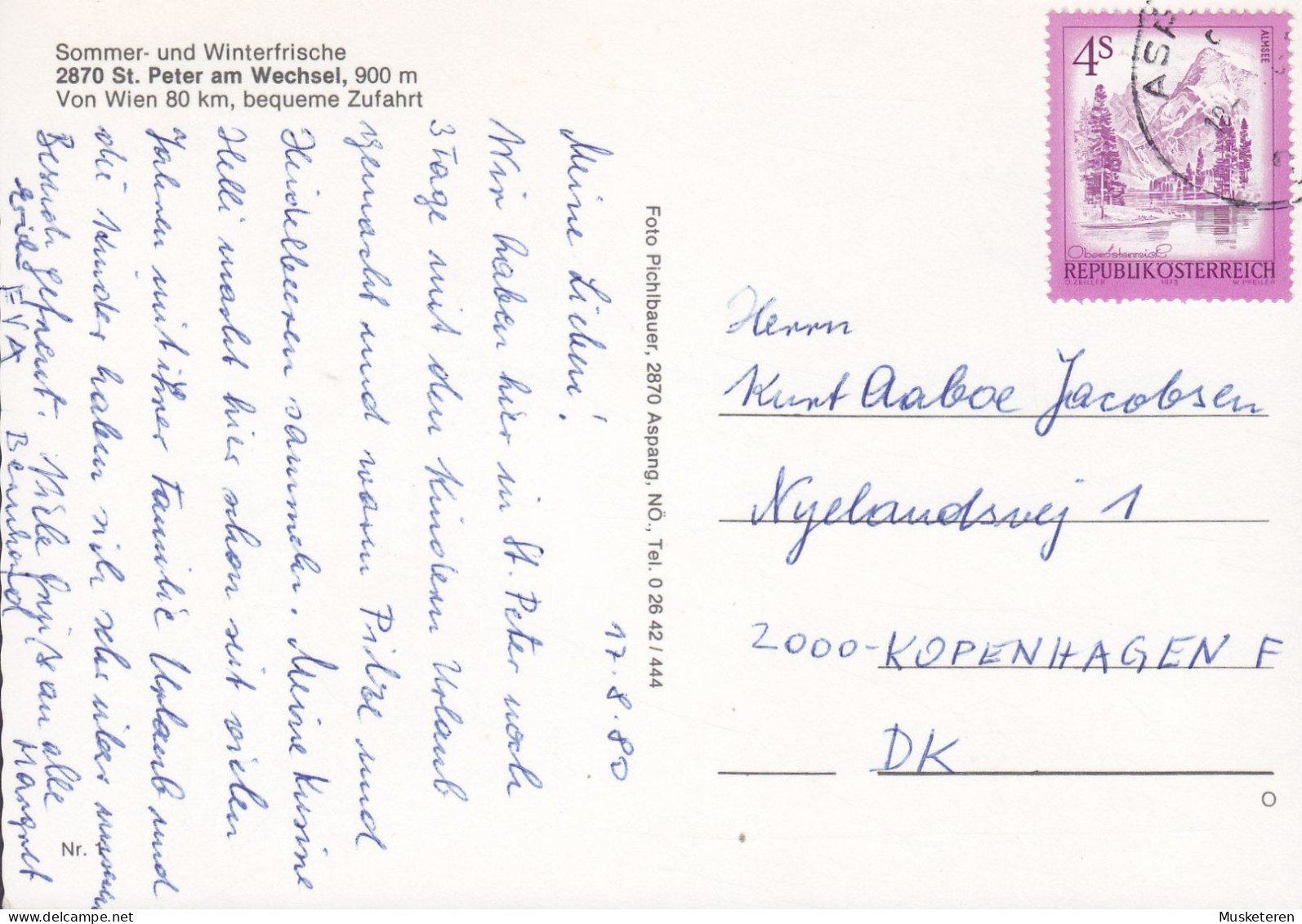 Austria PPC Erholungsort 2870 St. Peter Am Wechsel ASPANGBERG 1980 To Denmark (2 Scans) - Neunkirchen