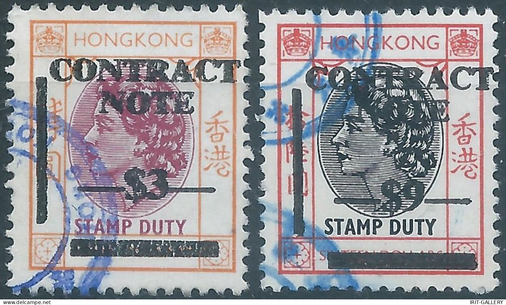 Great Britain-ENGLAND,HONG KONG Revenue Tax Fiscal  Stamp DUTY Contract Note, $3 & $9 , Obliterated - Francobollo Fiscali Postali