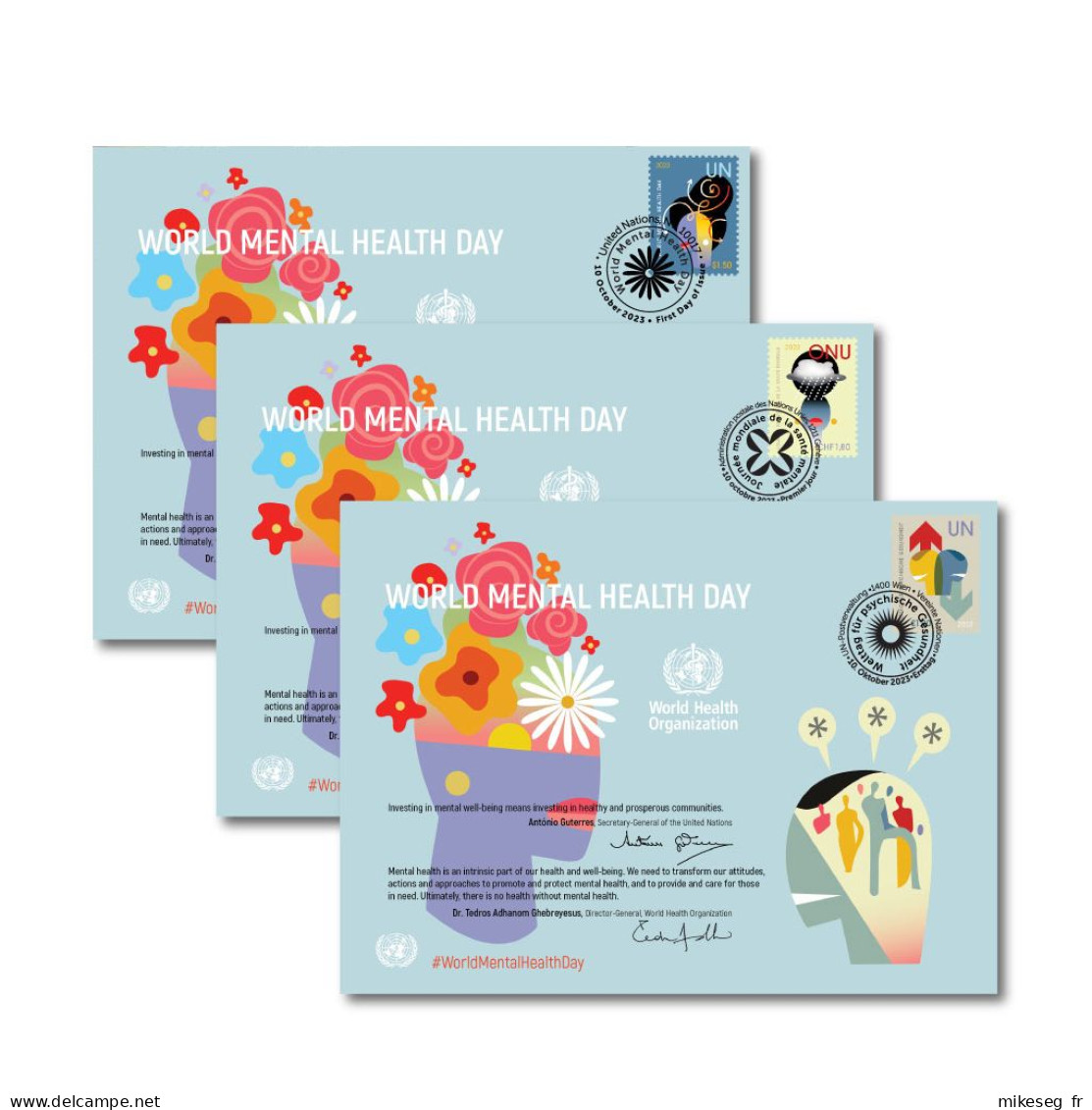 ONU New-York Genève Vienne 2023 - "OMS WHO - World Mental Health Day"- 3 Cartes Souvenir - WHO