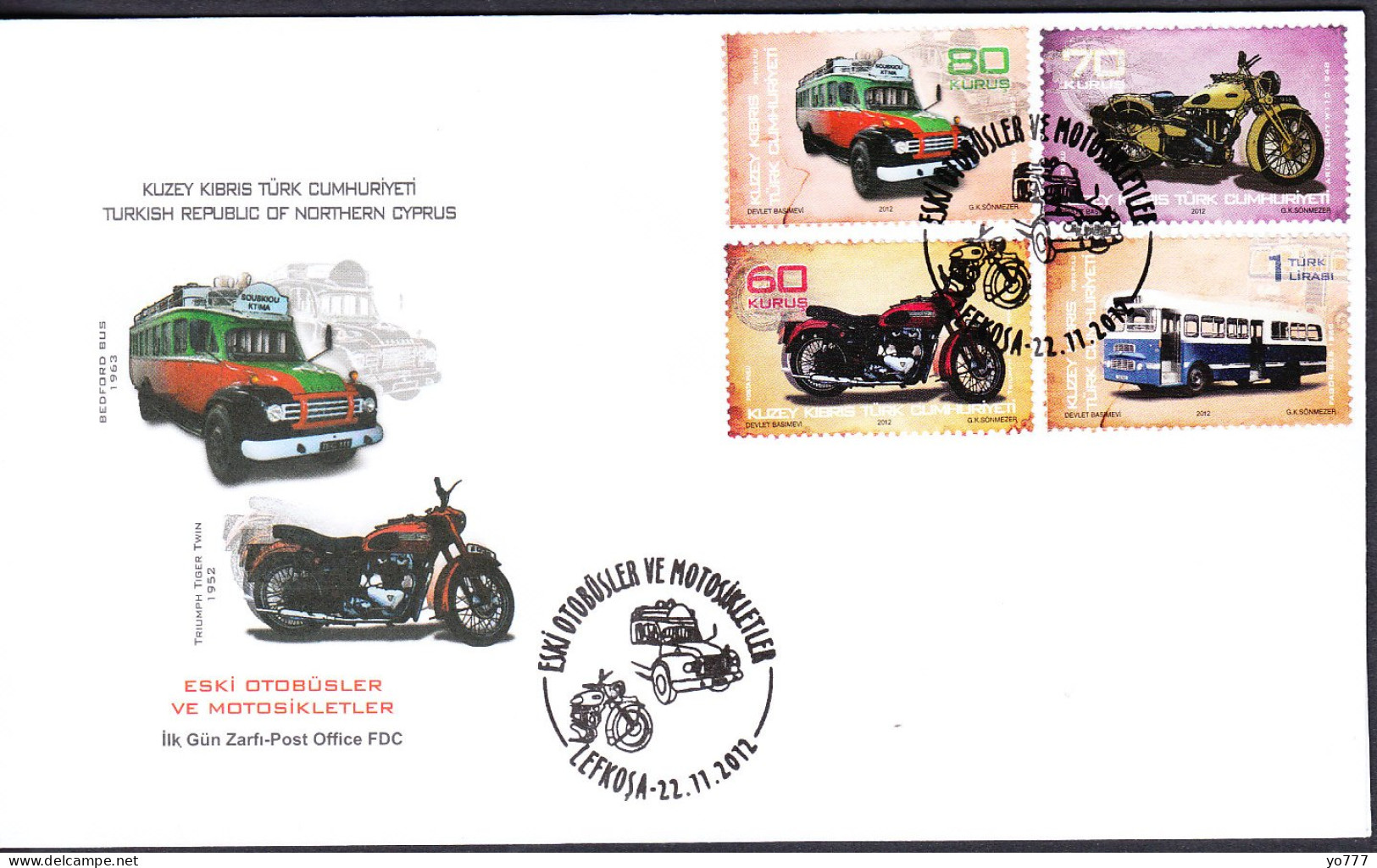 KK-283 NORTHERN CYPRUS OLD BUSES AND MOTORCYCLE F.D.C. - Lettres & Documents