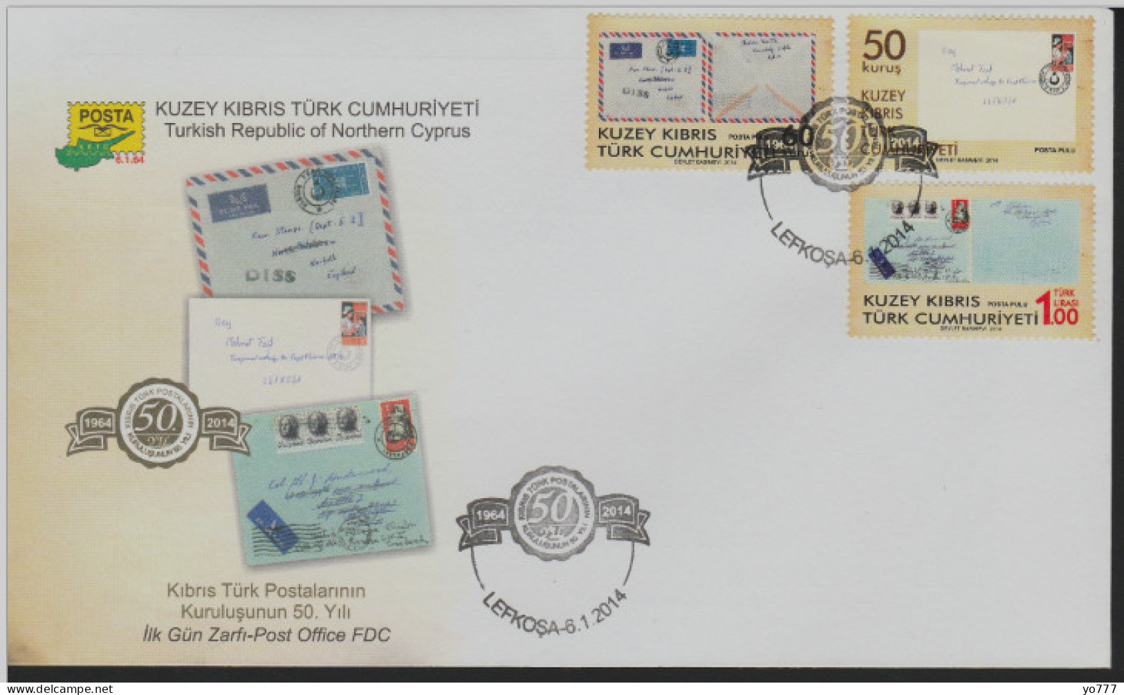 KK-288 Northern Cyprus 50th Anniversary Of The Post Office F.D.C. - Brieven En Documenten