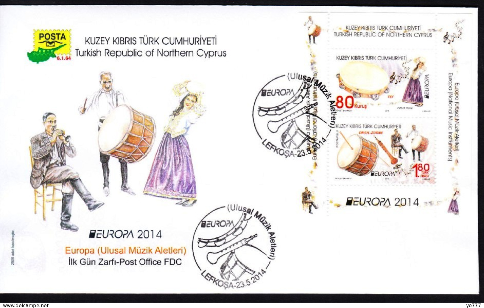 KK-591 NORTHERN CYPRUS EUROPA CEPT 2014 (NATIONAL MUSIC INSTRUMENTS) F.D.C. - Covers & Documents