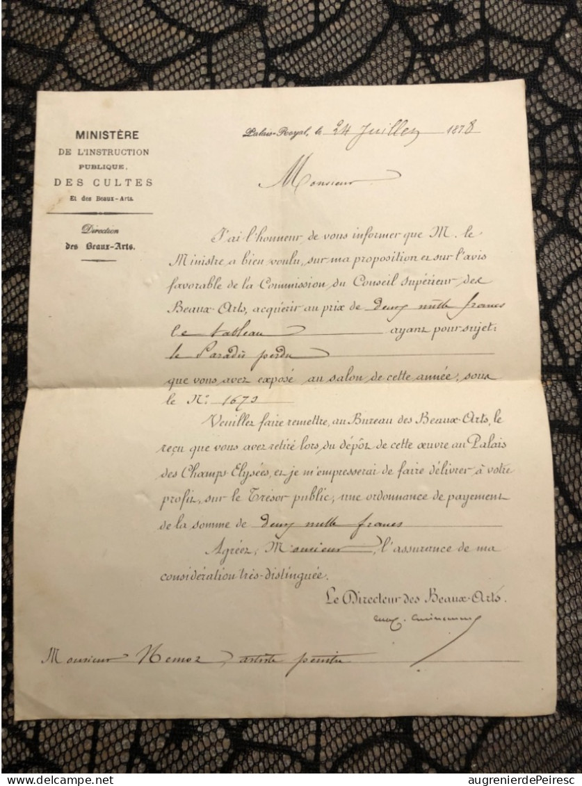 Autographe Jean-Baptiste Claude Eugene Guillaume, Directeur Des Beaux Arts 1878 Achat D’un Tableau De Nemoz - Pittori E Scultori