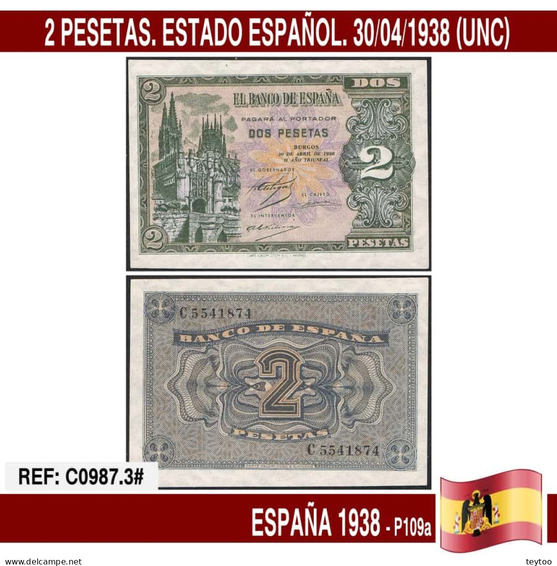 C0987.3# España 1938. 2 Pts. Estado Español (UNC) P109a - 1-2 Pesetas