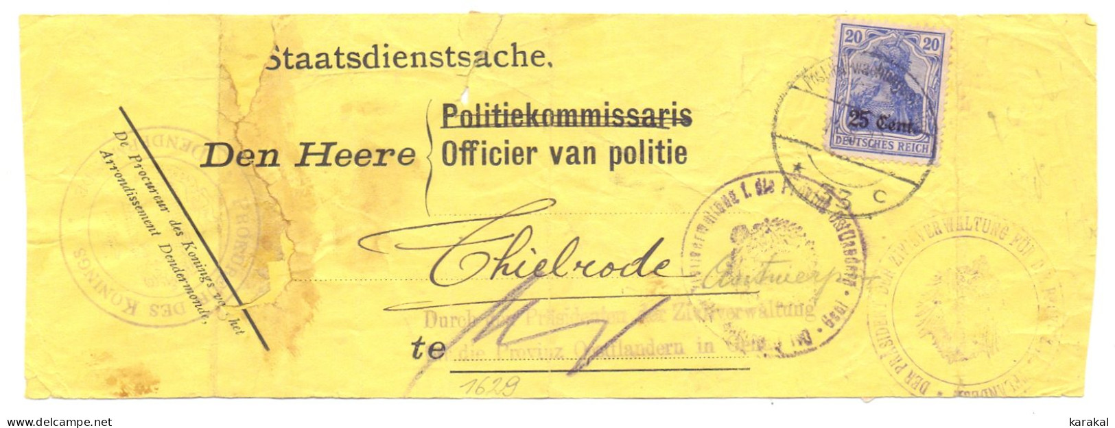 Belgique Occupation OC31 Germania 25c Bande Journal (?) Procureur Du Roi Procureur Des Konings Thielrode Temse - OC26/37 Territori Tappe