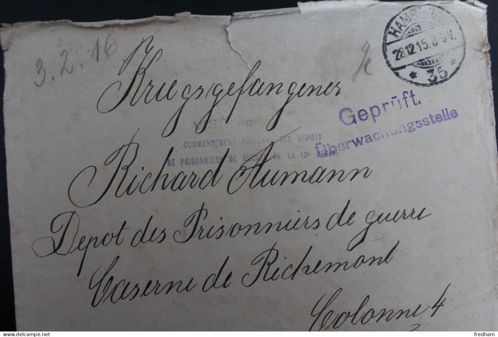 28.12.1915 HAMBURG / 35 DEPOT DE PRISONNIERS DE GUERRE CASERNE RICHEMONT /MONTLUCON  SANS CORRESPONDANCE. - Correos De Prisioneros De Guerra