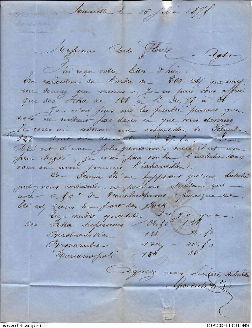 1875 Marseille Gros De Chles & Hon Céréales  Pour Coste Floret  Négociants Agde échantillons De Blé V.SCANS+HISTORIQUE - 1800 – 1899