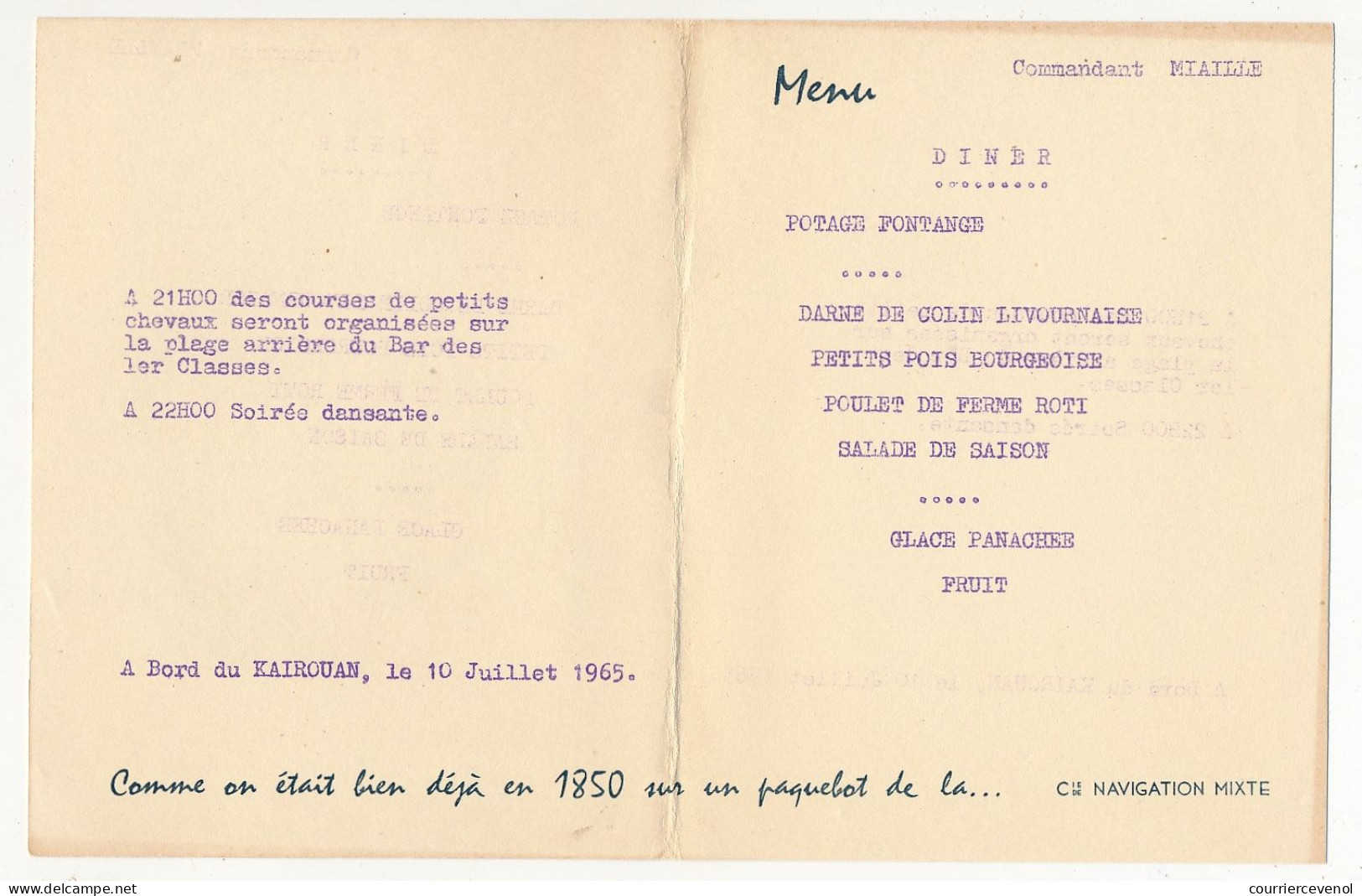 Menu Cie De Navigation Mixte - Commandant Miaille - KAIROUAN 10 Juillet 1965 - Dessin De Chapelet : La Salle à Manger - Menükarten