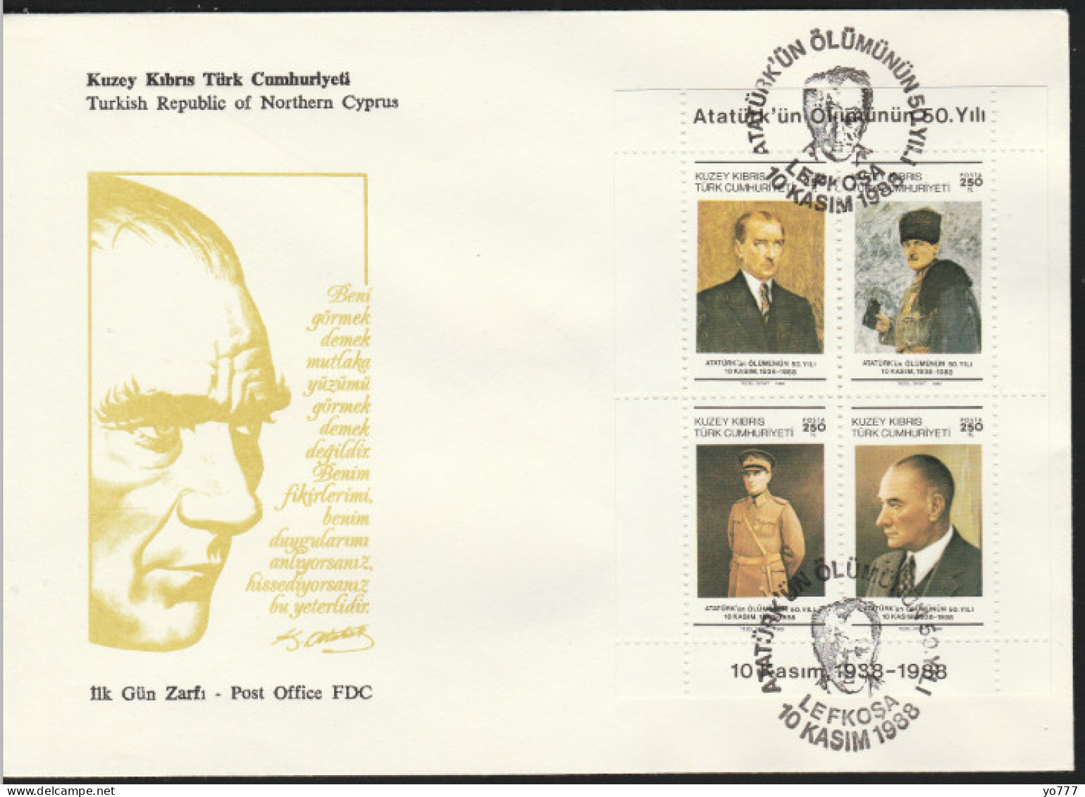 KK-812 Northern Cyprus 50th Anniversary Of Atatürk's Death F.D.C. - Covers & Documents