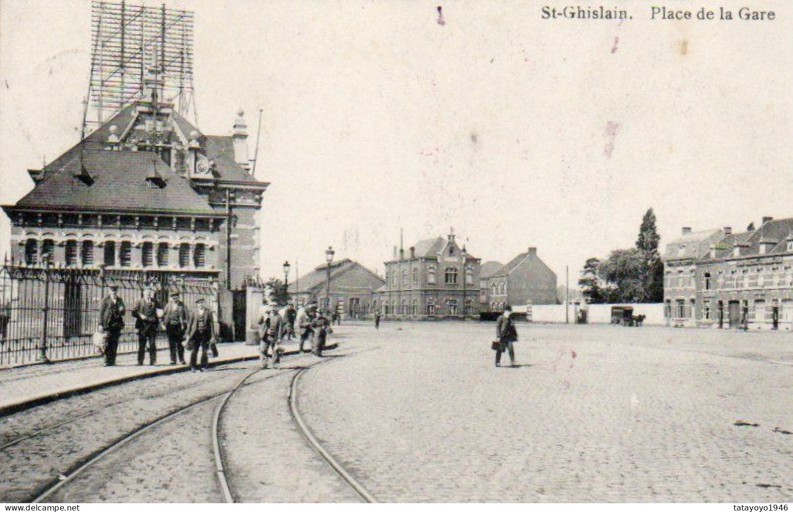 St Ghislain  Place De La Gare Rails Du Tram Animée Voyagé En 1913 - Saint-Ghislain