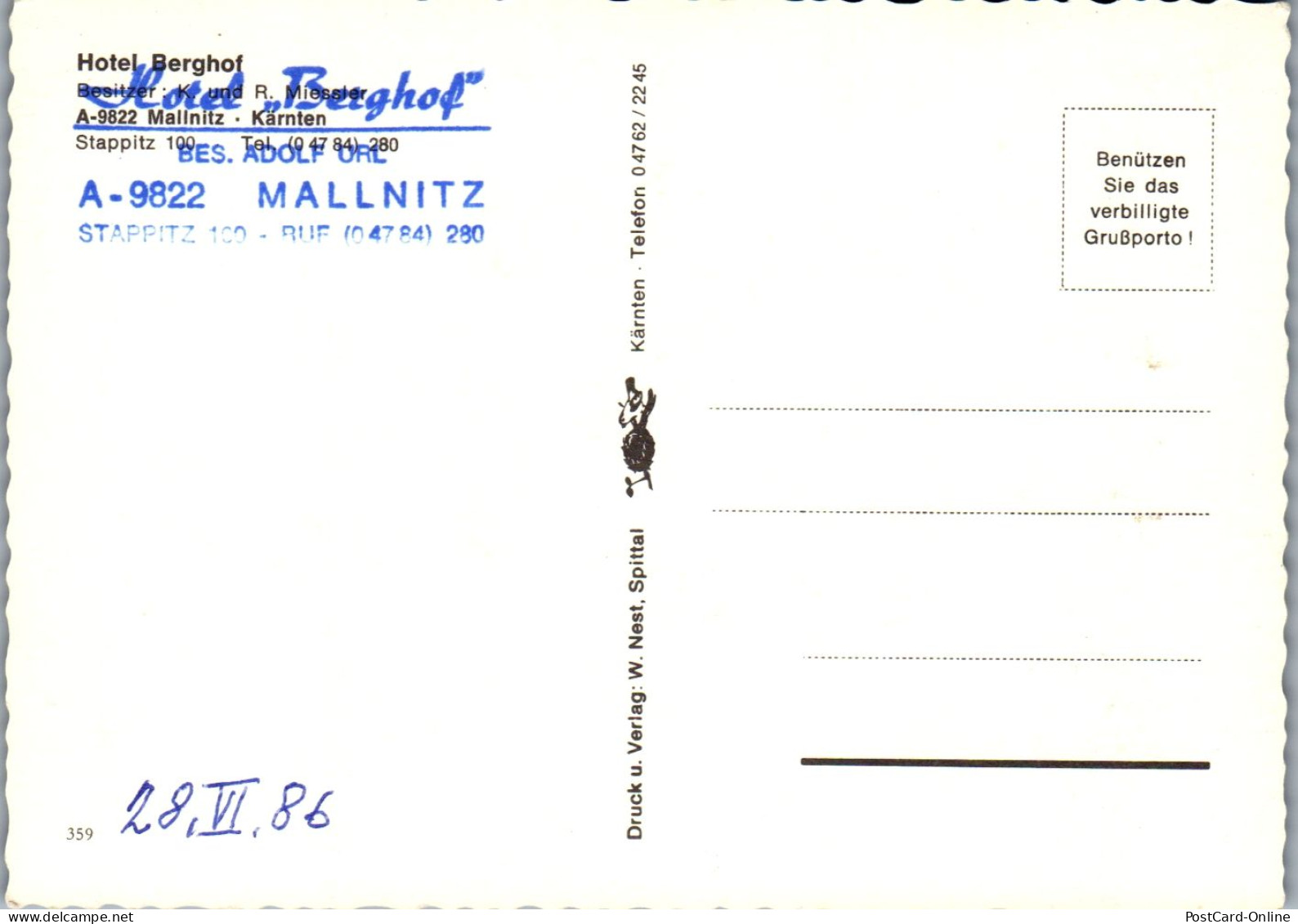 44854 - Kärnten - Mallnitz , Hotel Berghof , Adolf Url - Nicht Gelaufen 1986 - Mallnitz
