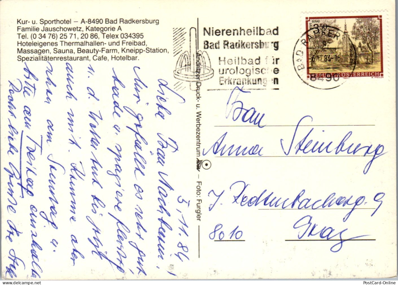 44761 - Steiermark - Bad Radkersburg , Kurhotel Fam. Jauschowetz , Hotel - Gelaufen 1984 - Bad Radkersburg