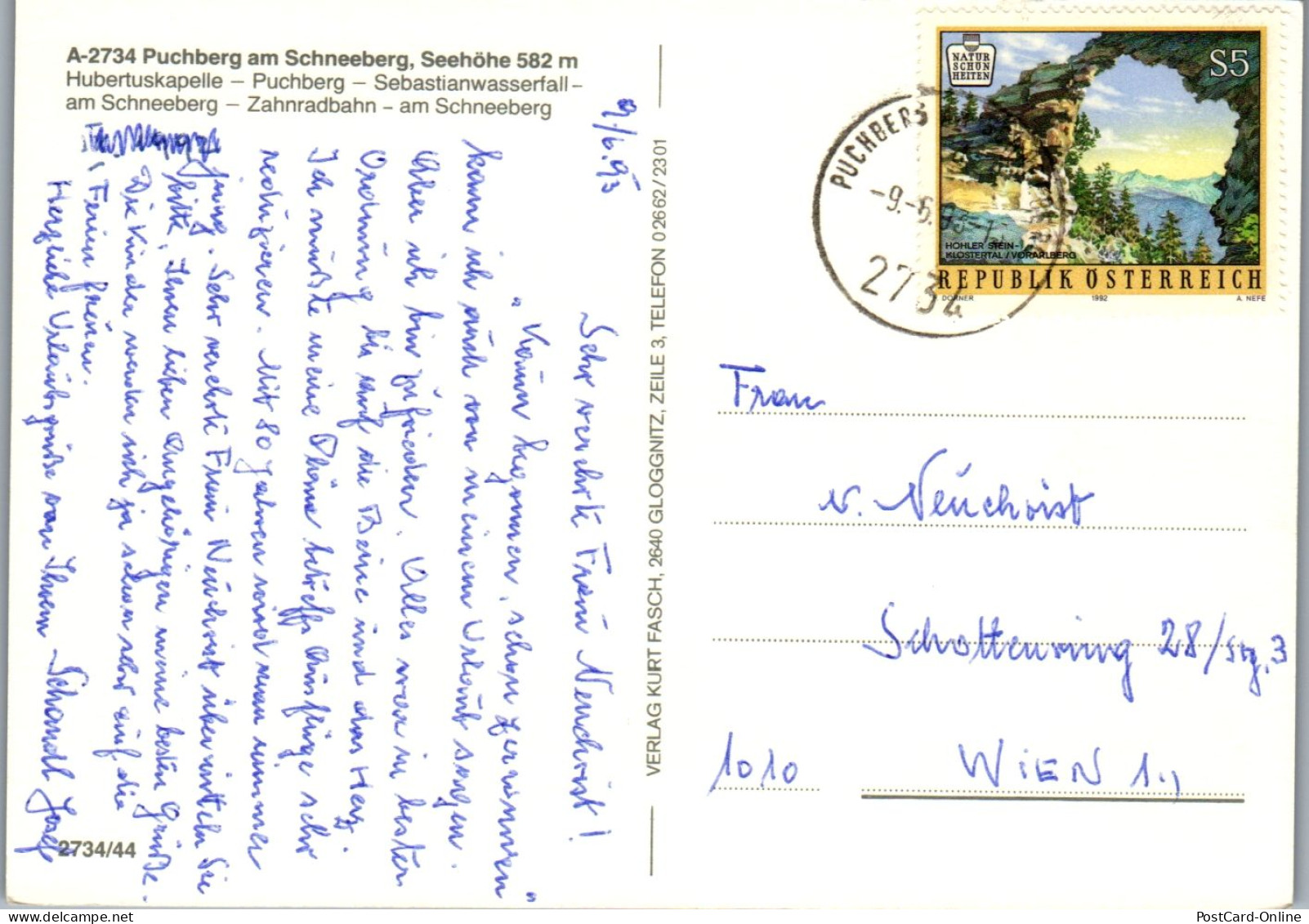 45276 - Niederösterreich - Puchberg , Schneeberg , Hubertuskapelle , Zahnradbahn , Sebastianwasserfall - Gel. 1993 - Schneeberggebiet