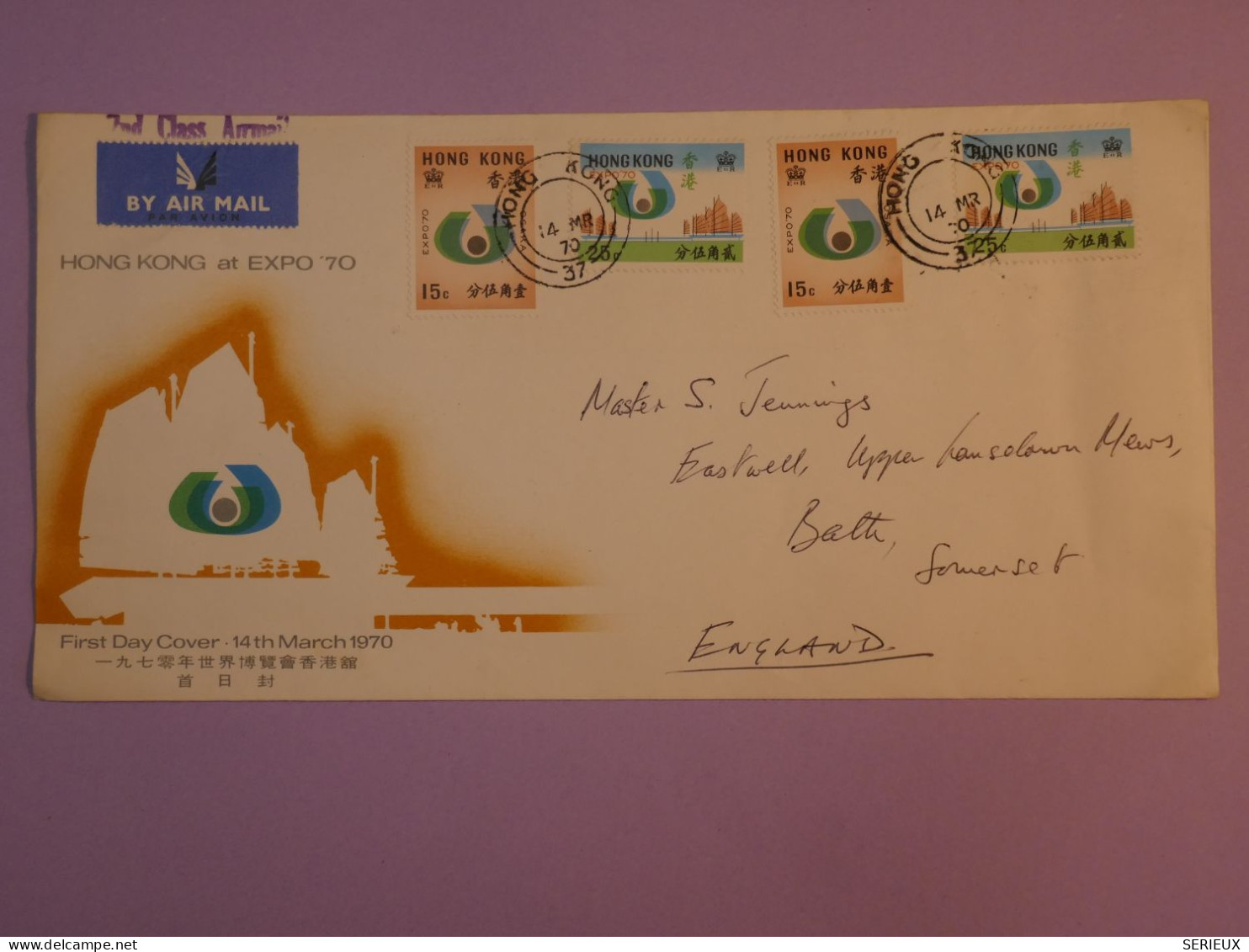 DE3 HONG KONG  CHINA  BELLE  LETTRE   FDC 1970  A BATH U.K.+ EXPO 70  +AFFR. PLAISANT+++ - 1980-1989