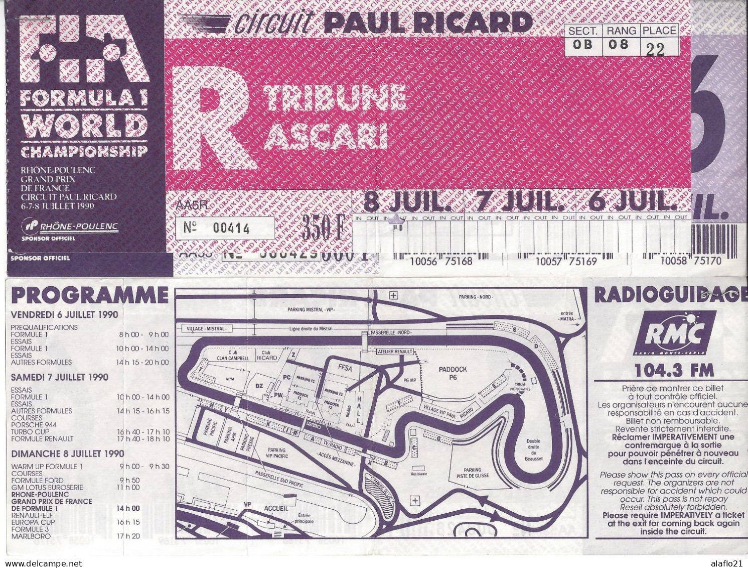 GRAND PRIX DE FRANCE F1 1990 - Circuit Paul Ricard - BILLET D'ENTREE N° 414 - Automobilismo - F1