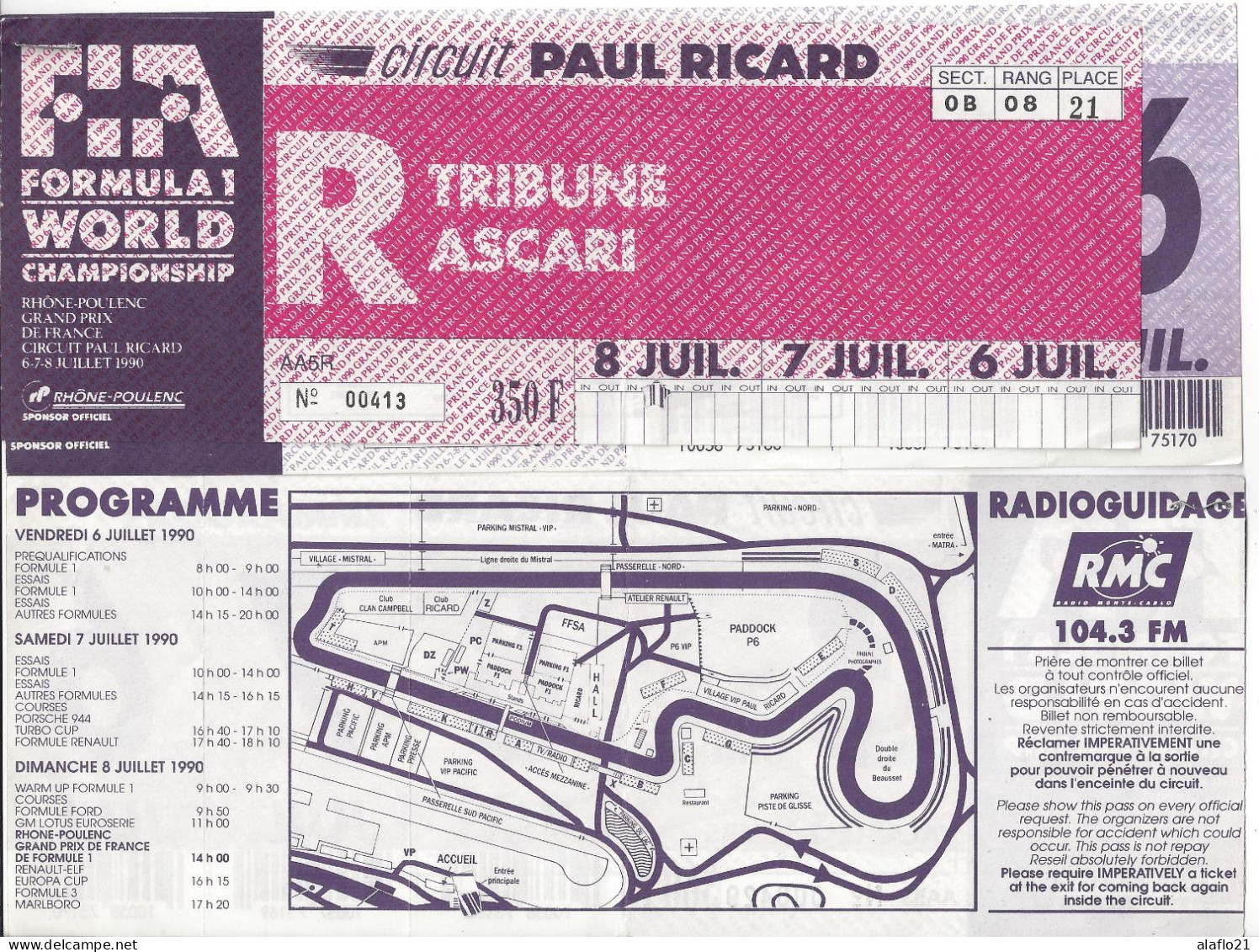 GRAND PRIX DE FRANCE F1 1990 - Circuit Paul Ricard - BILLET D'ENTREE N° 413 - Automobile - F1