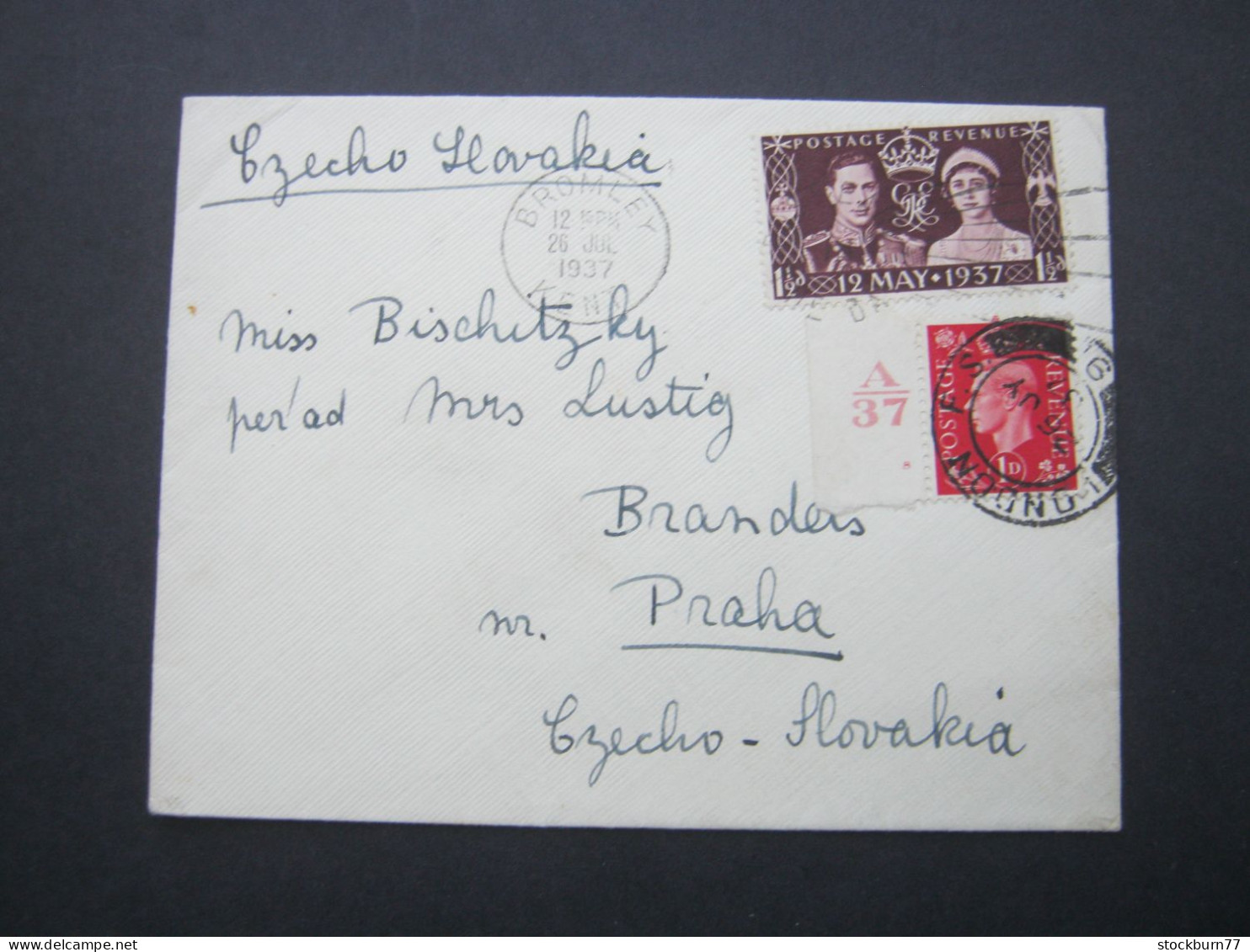 1937 , Brief Mit Randstück  " A/37 " , Brief Nach Prag - Cartas & Documentos