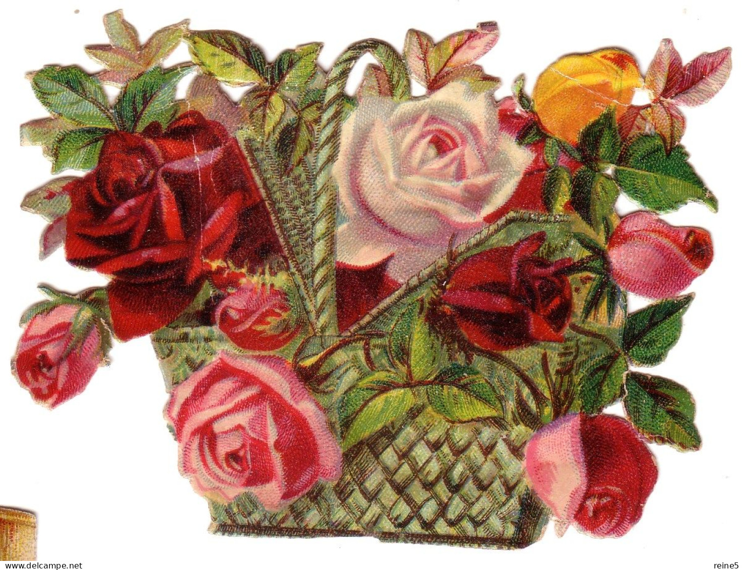 CHROMO DECOUPIS >> CORBEILLE DE ROSES ROUGES & ROSES > DIM. 9.5CM S/7CM -BON ETAT -REF-CHR-DEC-N°2-FLEURS - Fiori