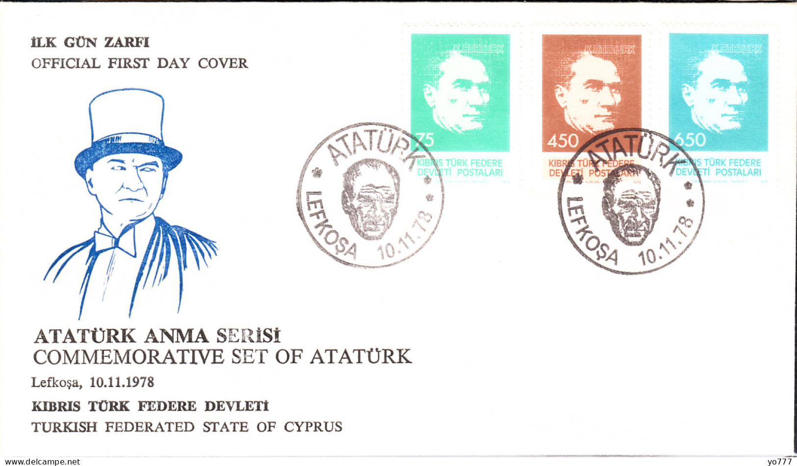 KK-020 NORTHERN CYPRUS COMMEMORATIVE STAMPS OF ATATURK F.D.C. - Covers & Documents