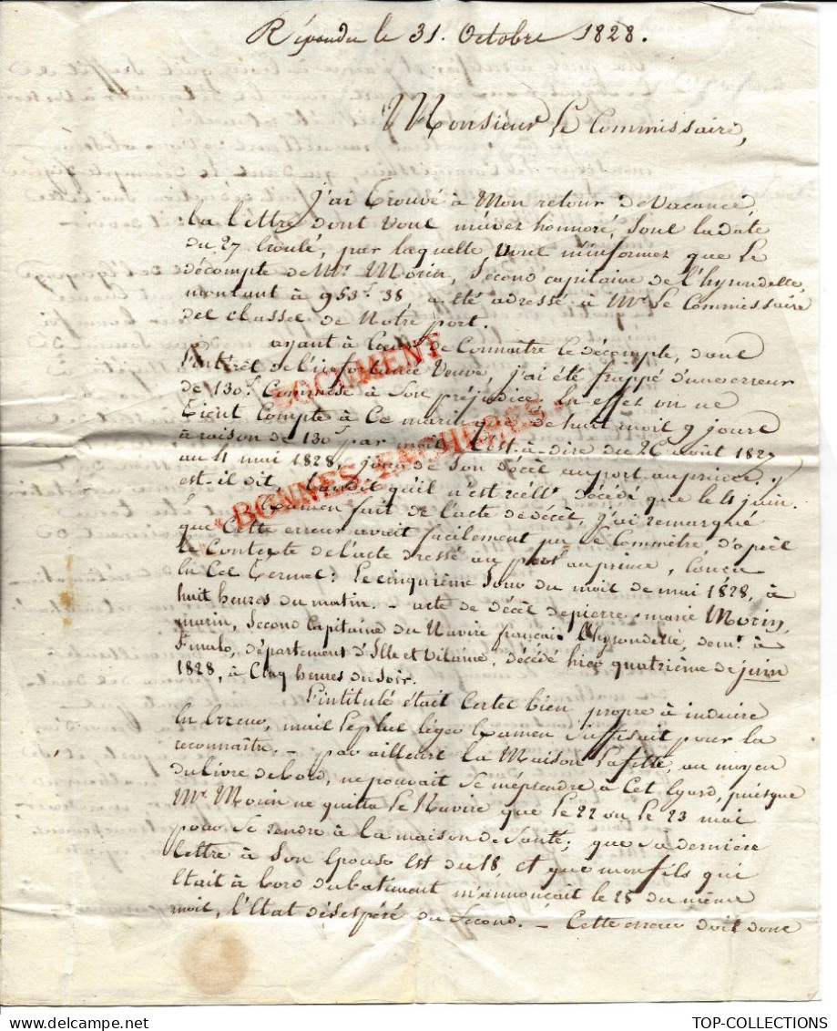 1828 LETTRE  Commissaire De La Marine Le Havre Dècés  Pierre Marie Morin Second Capitaine L’Hyrondelle à Port Au Prince - 1800 – 1899