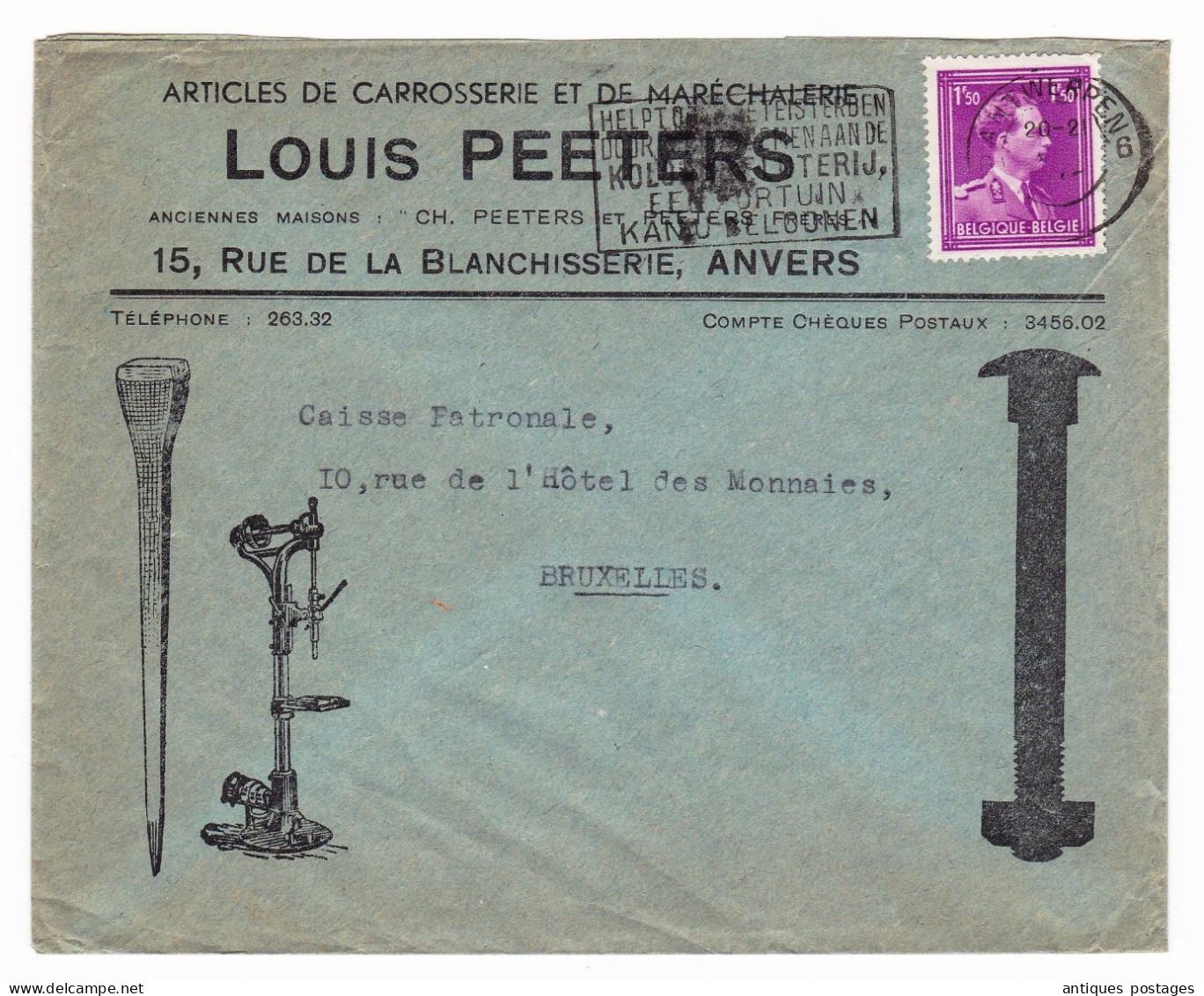 Lettre Anvers Antwerpen Belgique Louis Peeters Articles De Carrosserie Et Maréchalerie - 1934-1935 Léopold III