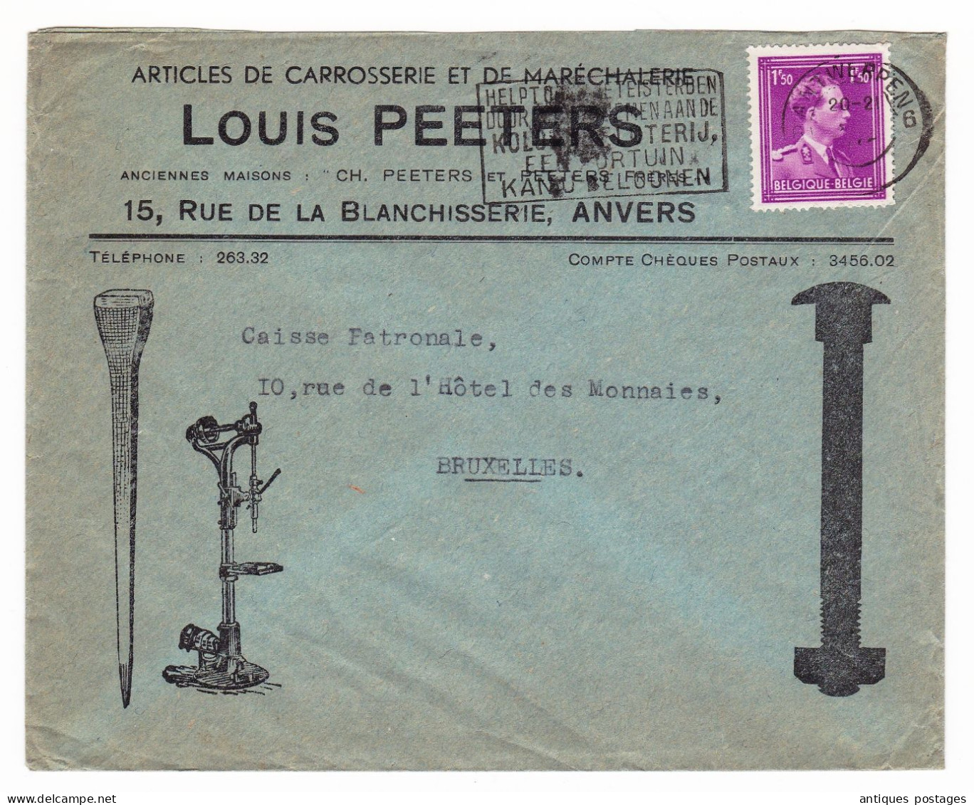 Lettre Anvers Antwerpen Belgique Louis Peeters Articles De Carrosserie Et Maréchalerie - 1934-1935 Leopold III.