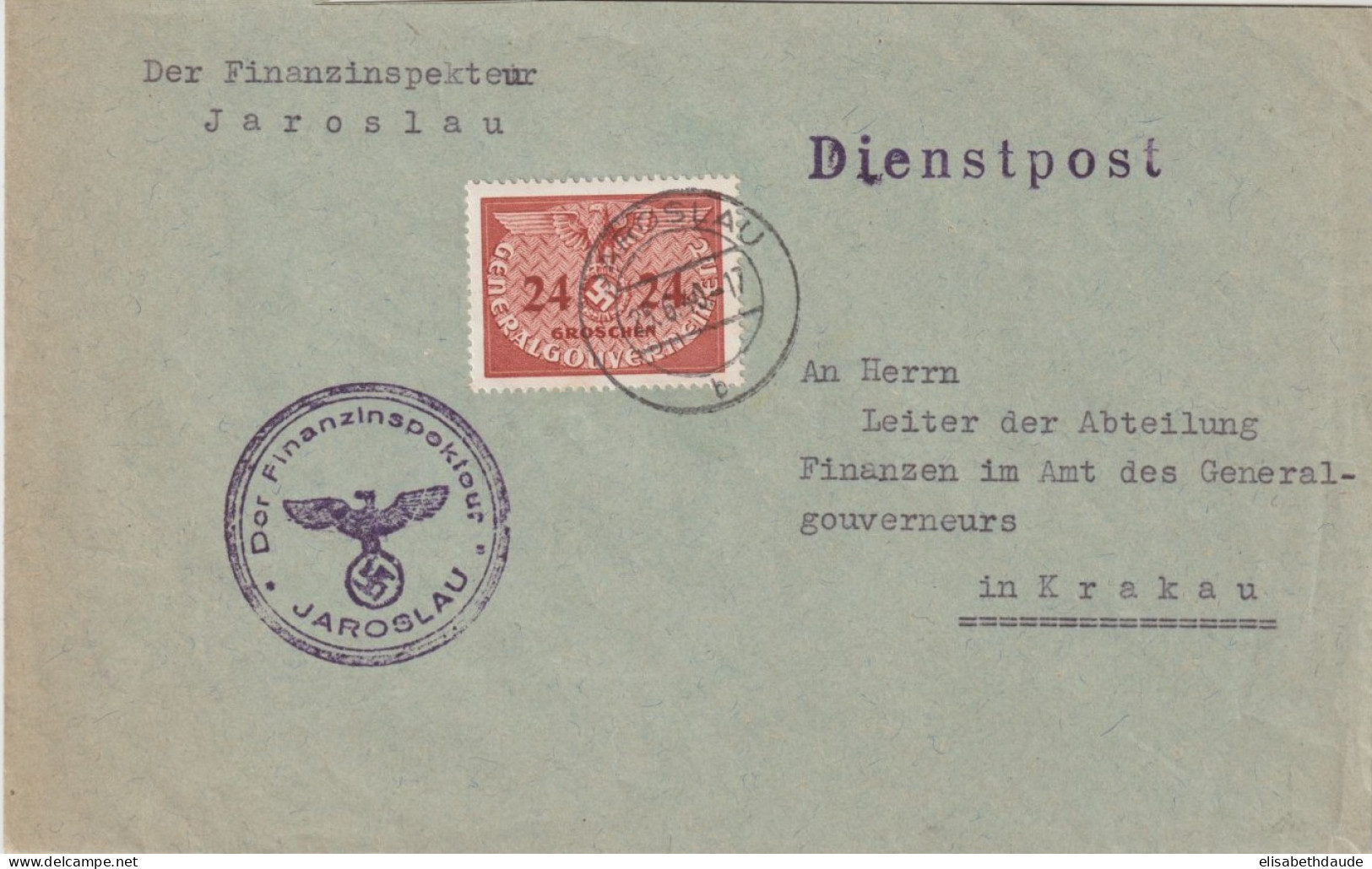 1940 - GG De POLOGNE - SERVICE FINANCE / DIENSTPOST ! ENVELOPPE De JAROSLAU ! => CRACOVIE - Gouvernement Général