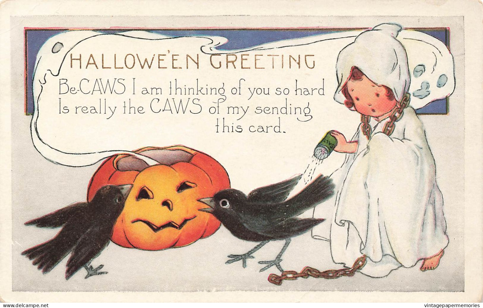 370295-Halloween, Whitney No WNY24-1, Girl In Ghost Costume Pouring Salt On Crow - Halloween