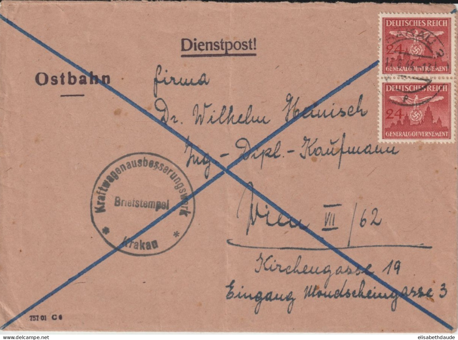 1944 - GG De POLOGNE - SERVICE CHEMINS DE FER (OSTBAHN) / DIENSTPOST ! ENVELOPPE De CRACOVIE => WIEN - Gouvernement Général